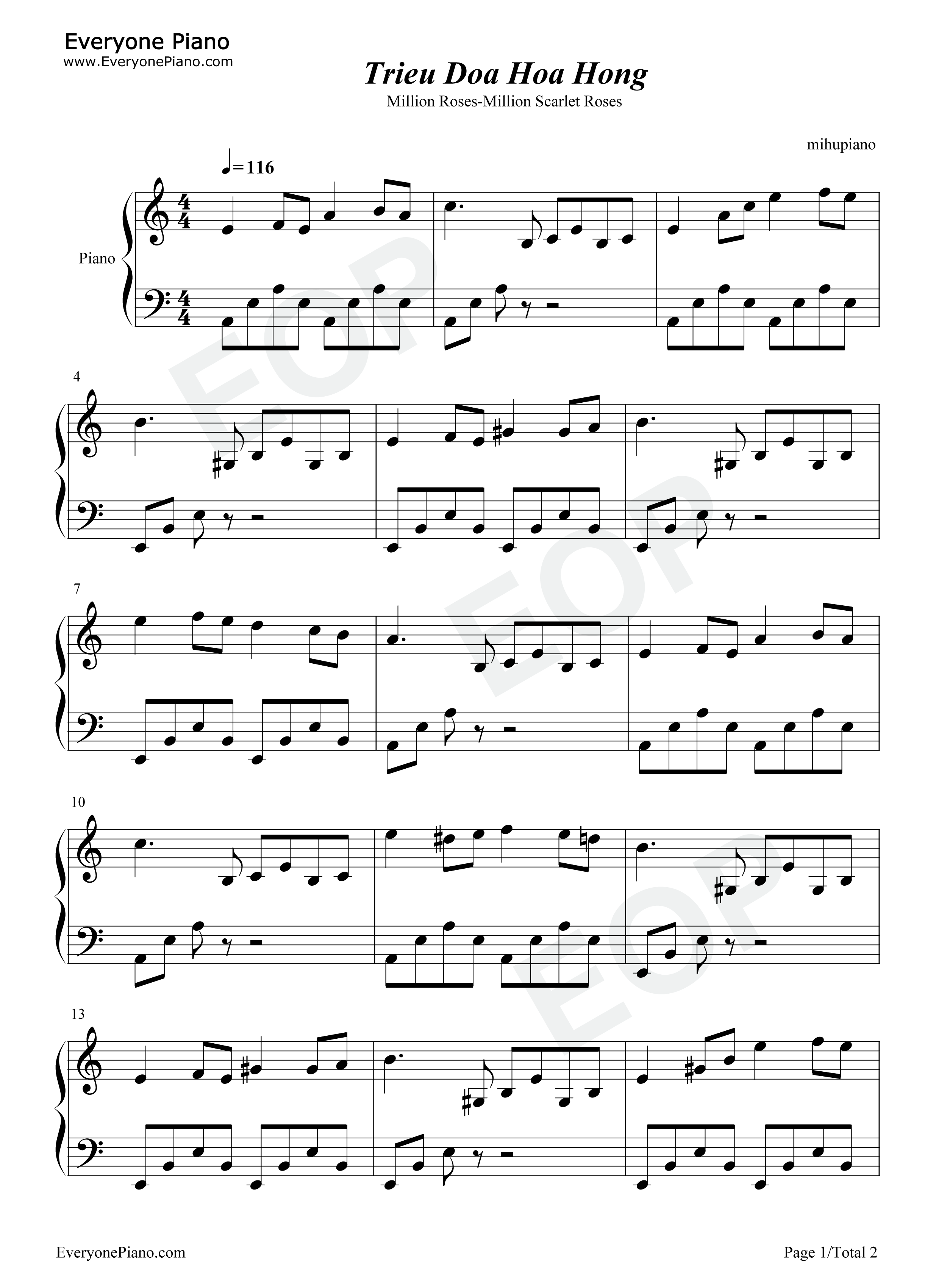 百万玫瑰花钢琴谱-Raimonds Pauls Alla Pugacheva
