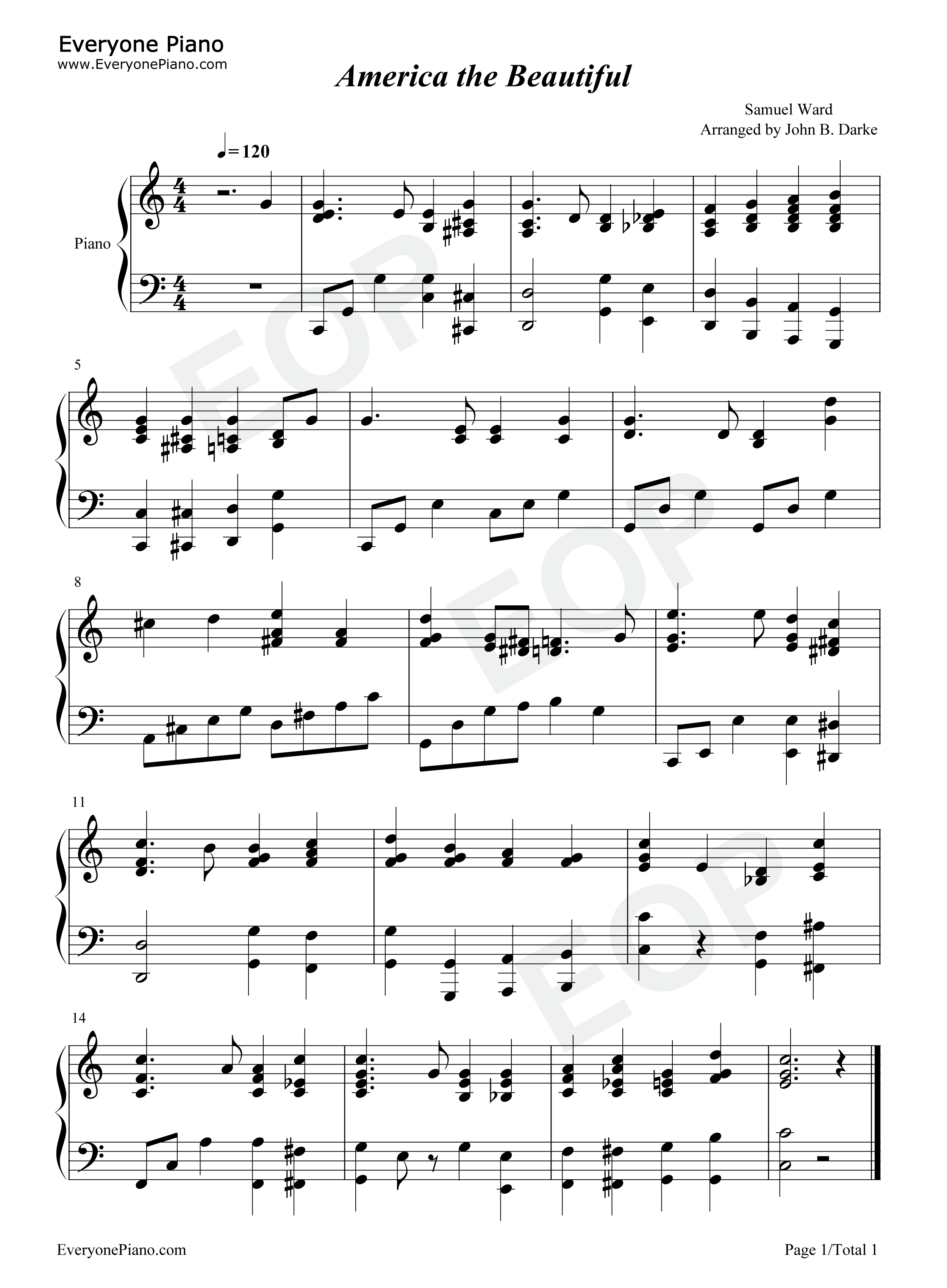 美丽的阿美利加钢琴谱-Samuel A. Ward