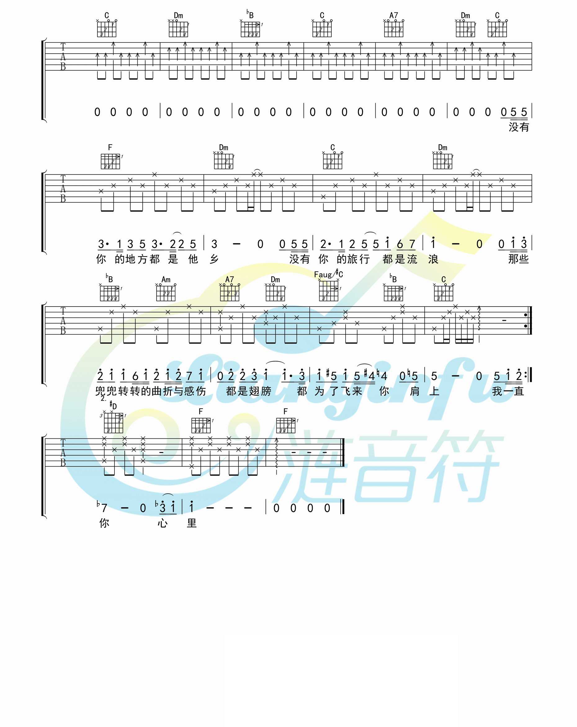 你在终点等我吉他谱_王菲_F调指法编配3