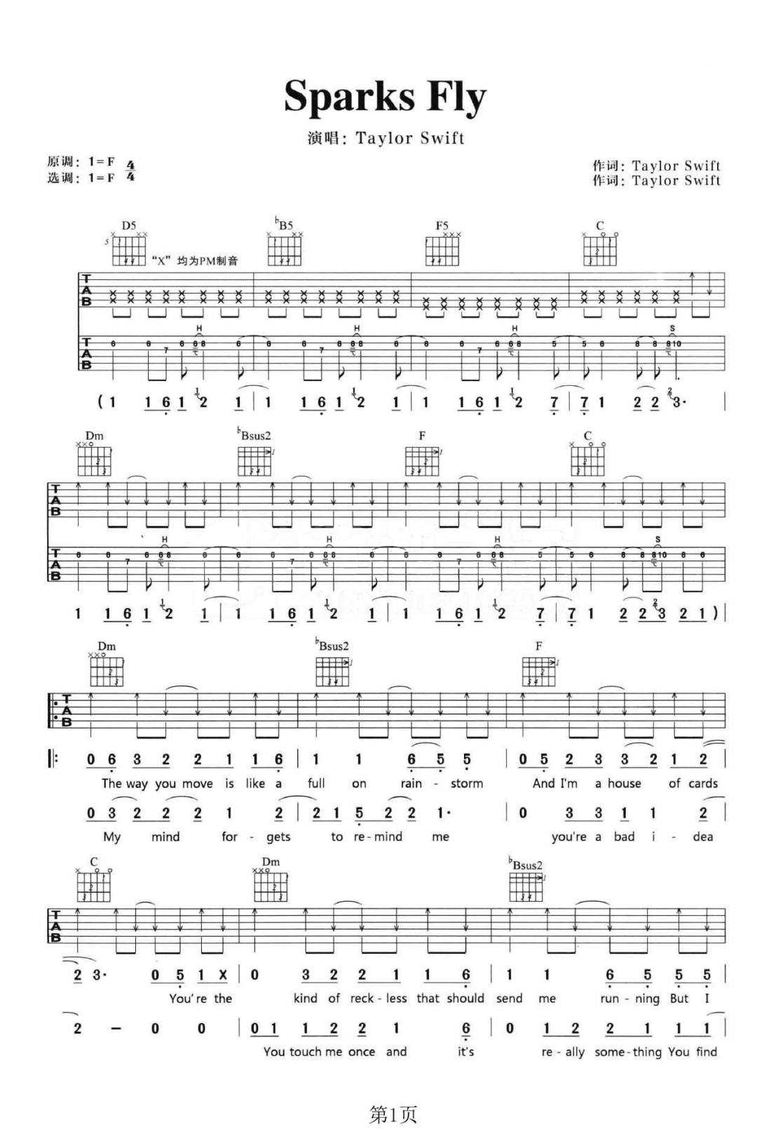 Sparks Fly吉他谱_Taylor Swift_F调指法1
