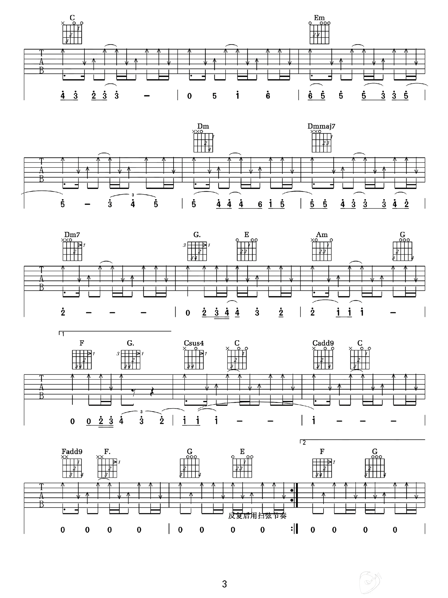 直到世界的尽头吉他谱_灌篮高手主题曲_C调弹唱教学3