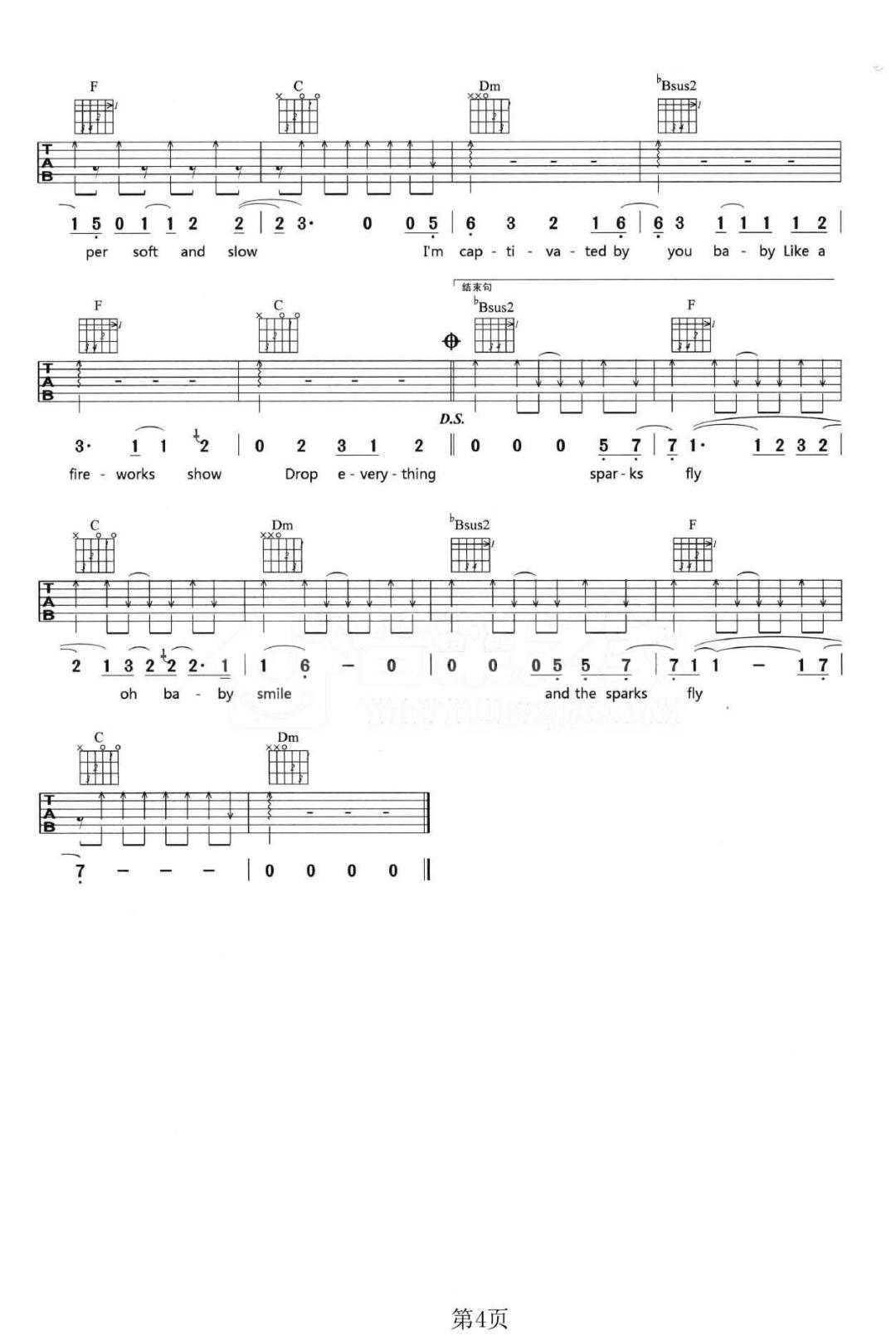 Sparks Fly吉他谱_Taylor Swift_F调指法4