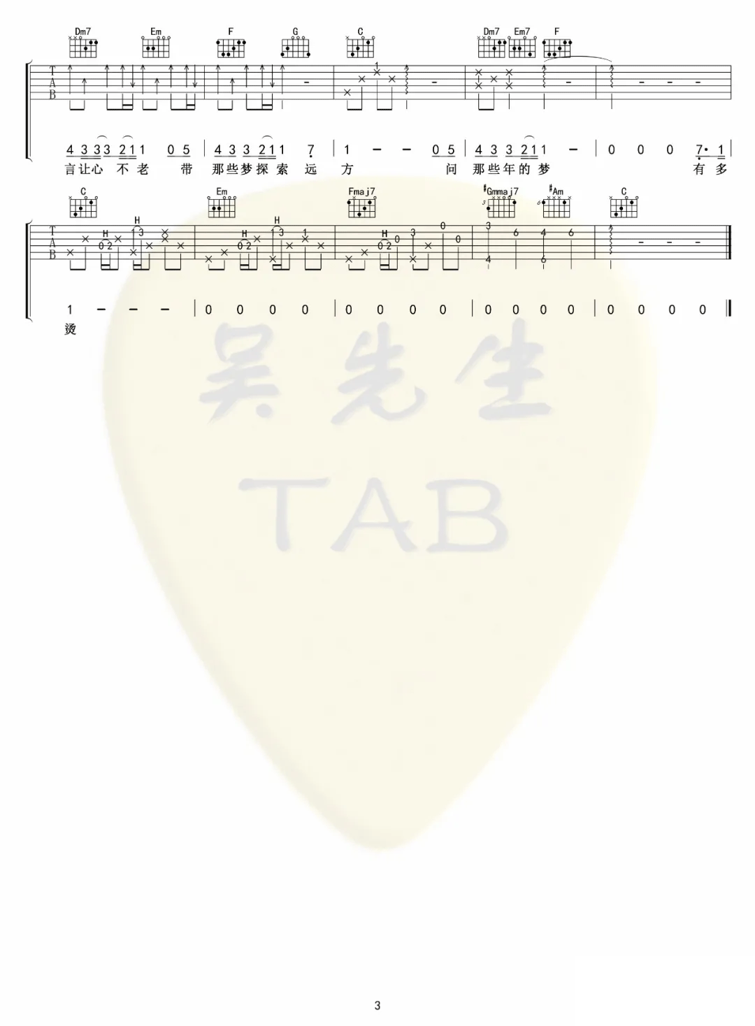 林俊杰裹着心的光吉他谱 C调指法3