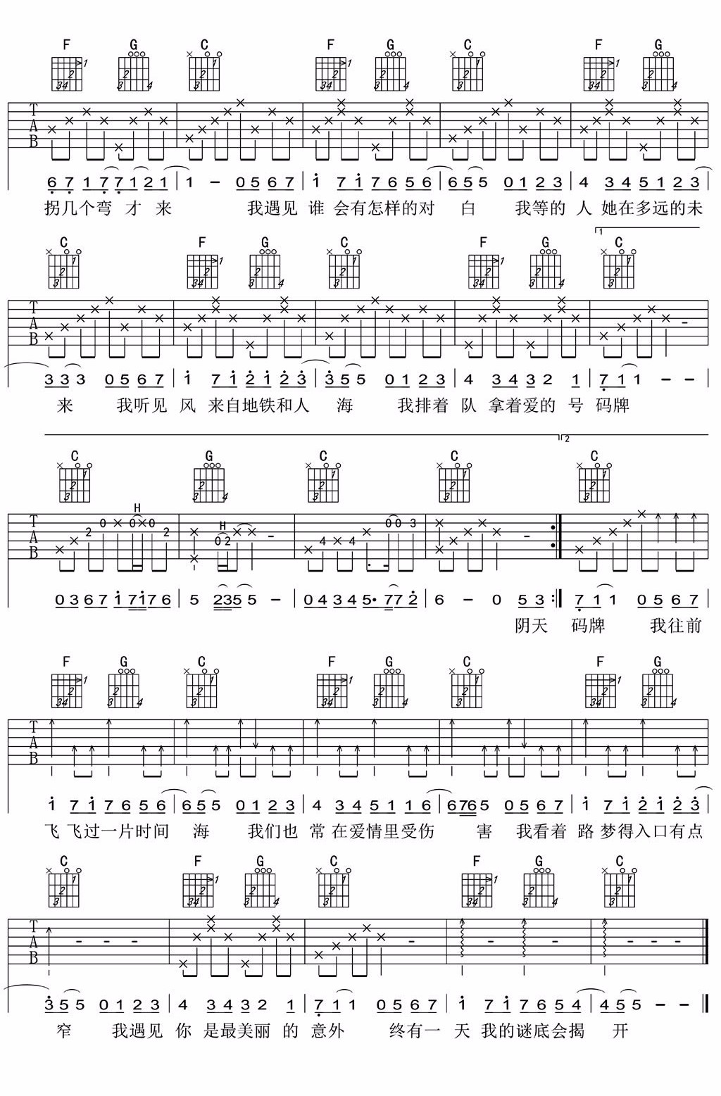 遇见吉他谱_孙燕姿_遇见C调高清六线谱_原版弹唱谱
