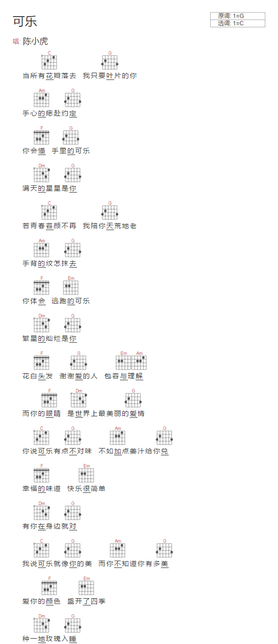 可乐吉他谱_陈小虎_C调高清和弦谱_简单版弹唱谱