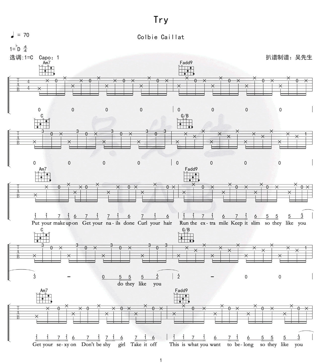 Try吉他谱_Colbie Caillat_C调高清六线谱_原版弹唱谱1