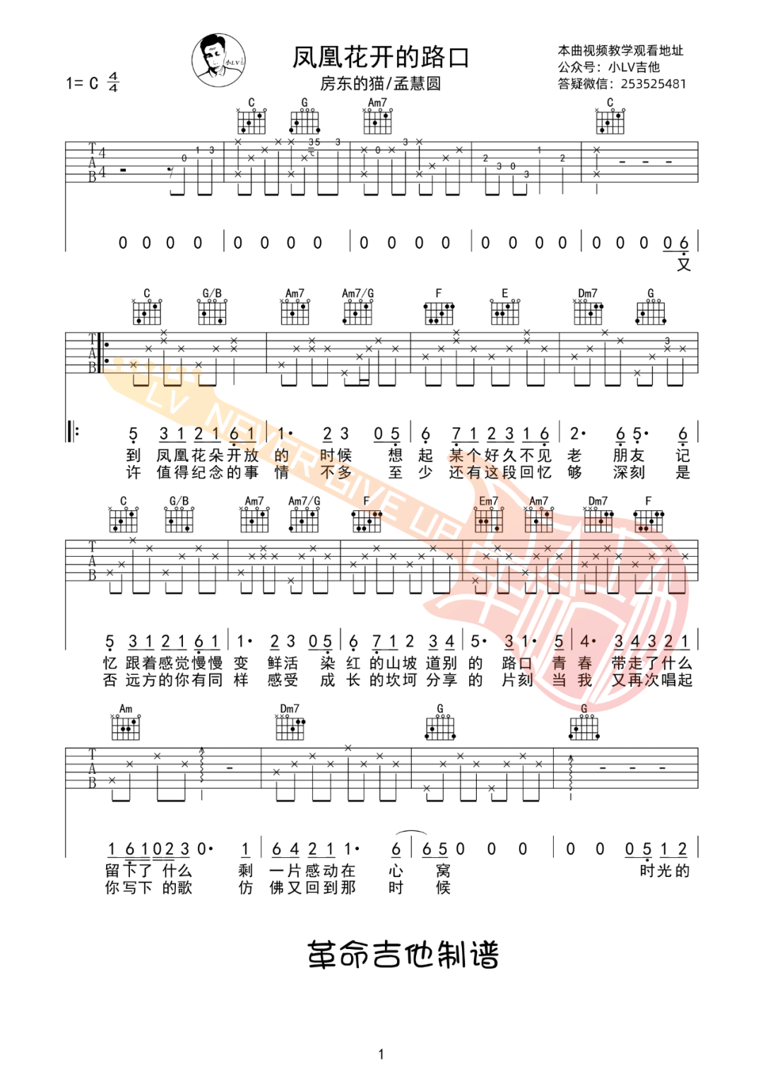 凤凰花开的路口吉他谱_房东的猫_C调六线谱_原版弹唱谱1