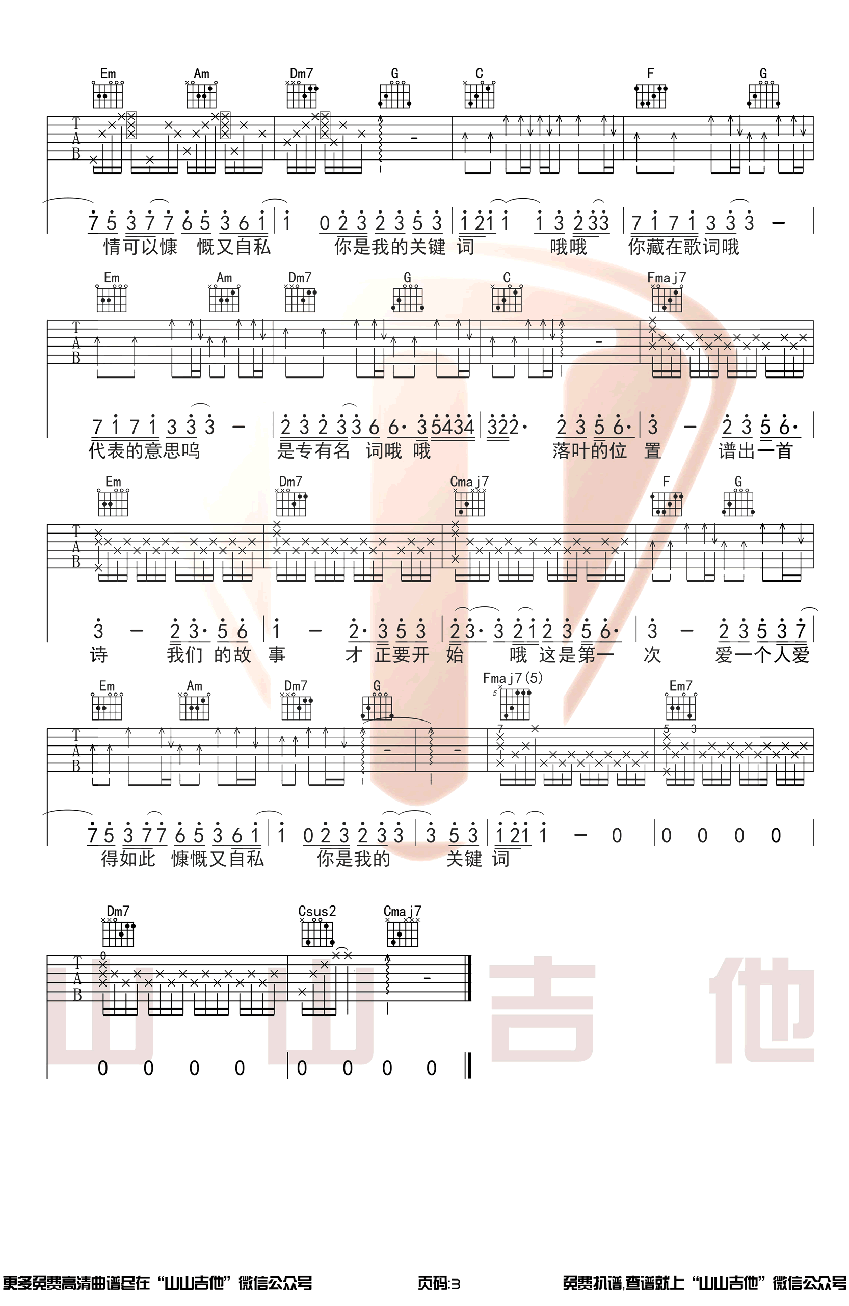 关键词吉他谱_林俊杰_C调原版六线谱_弹唱教学视频