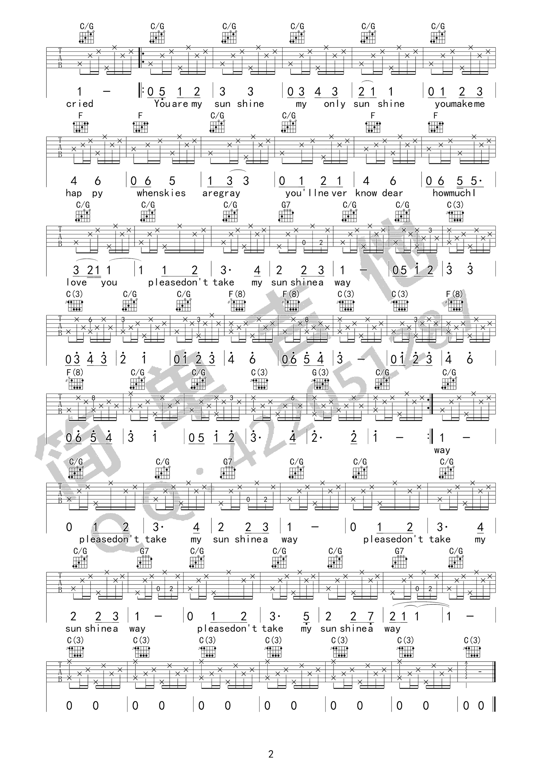 You Are My Sunshine吉他谱_C调高清六线谱_原版弹唱谱2