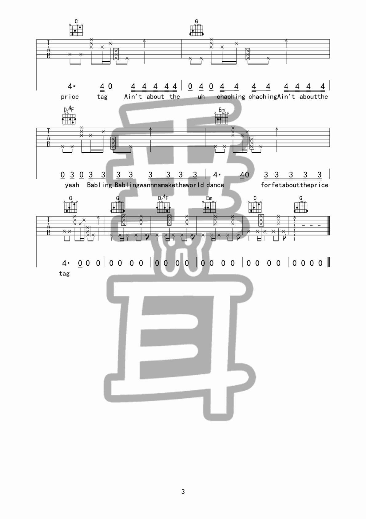 Price Tag吉他谱_Jessie J_G调高清六线谱_拍弦版弹唱谱