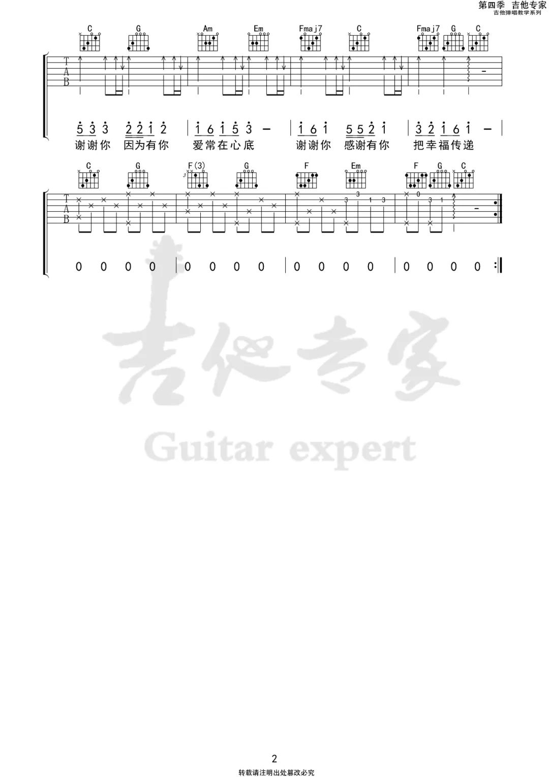 听我说谢谢你吉他谱_李昕融_C调高清六线谱_原版弹唱谱