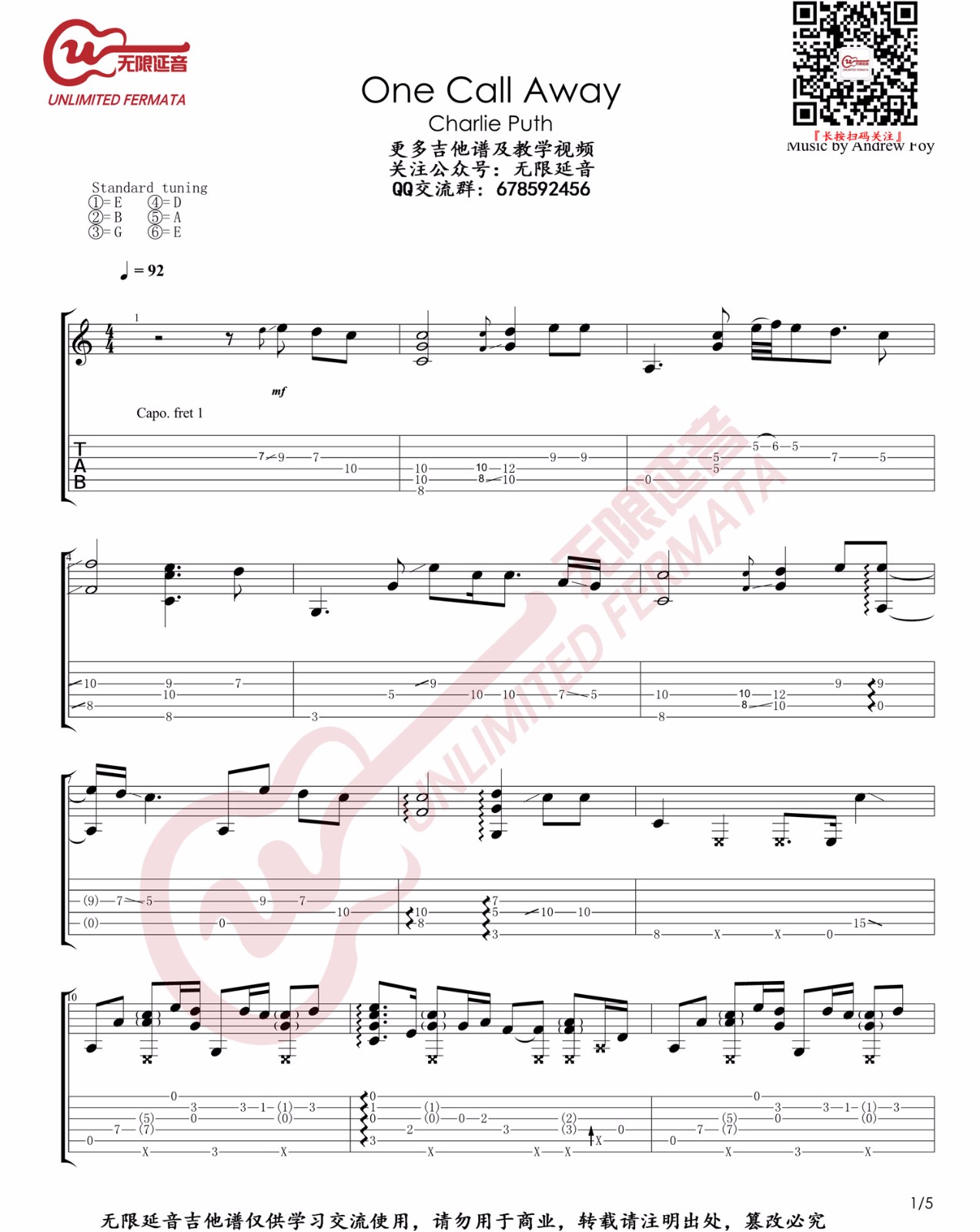 One Call Away指弹谱_Andrew Foy_高清独奏谱_指弹六线谱1