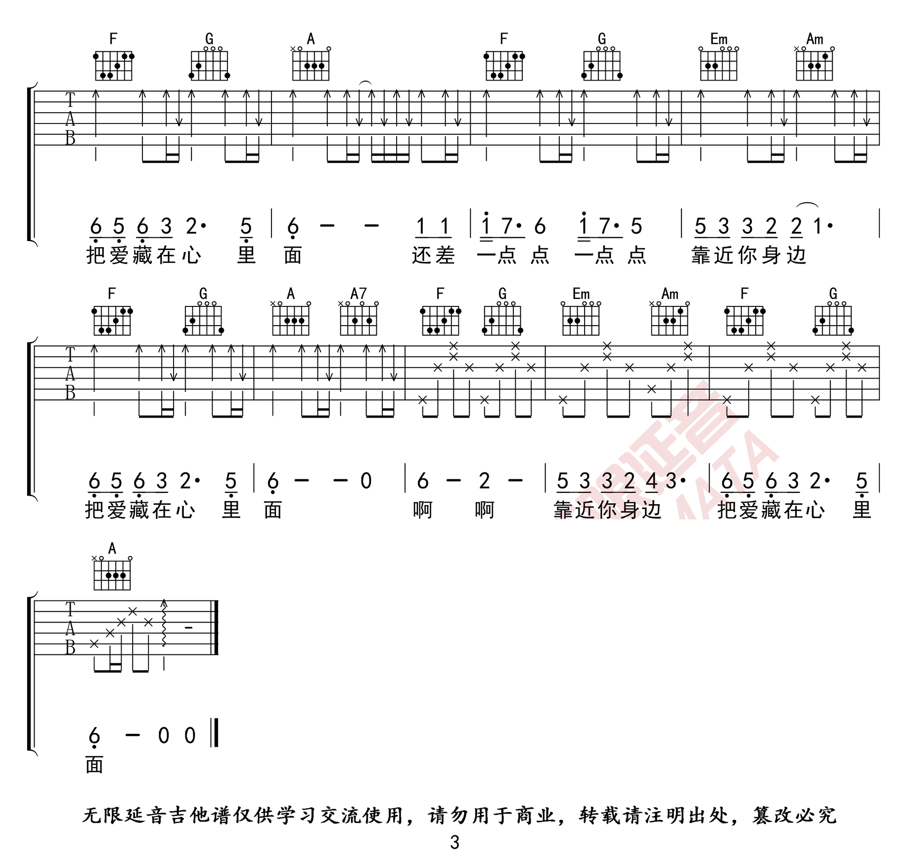 蝴蝶之夏吉他谱_房东的猫_C调高清六线谱_简单版弹唱谱
