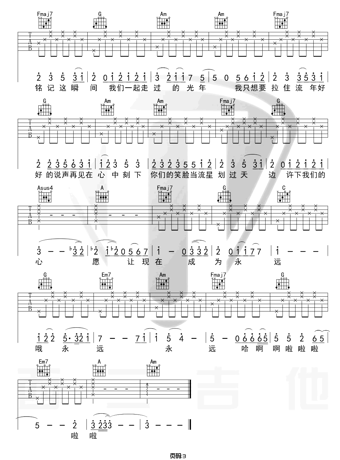 记念吉他谱_雷雨心_C调高清六线谱_原版弹唱谱3