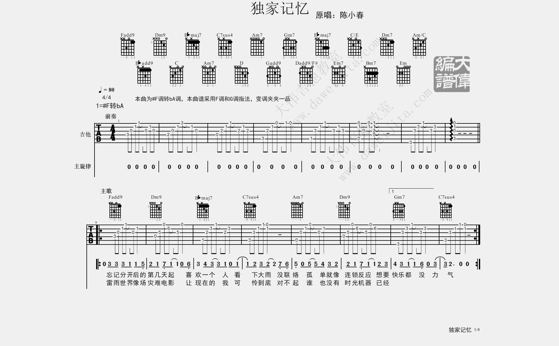 独家记忆吉他谱_陈小春_F调高清六线谱_原版弹唱谱1