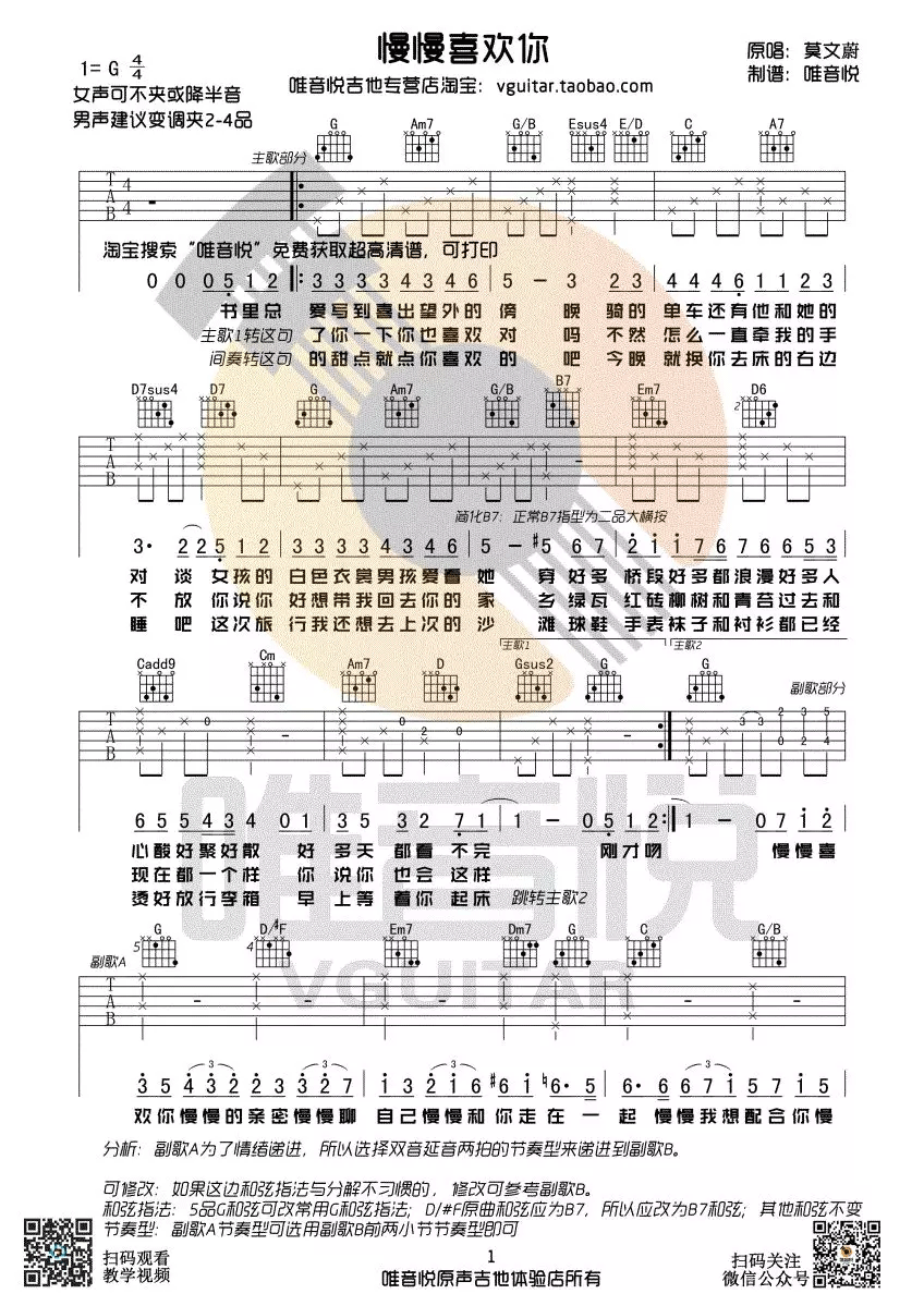 慢慢喜欢你吉他谱_莫文蔚_G调高清六线谱_原版弹唱谱1
