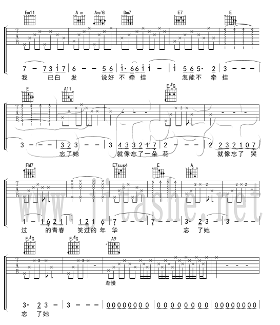忘了他吉他谱 C调六线谱