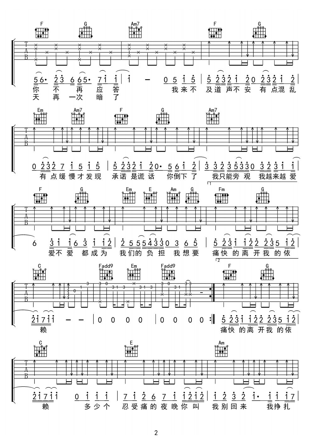离开我的依赖吉他谱2-王艳薇