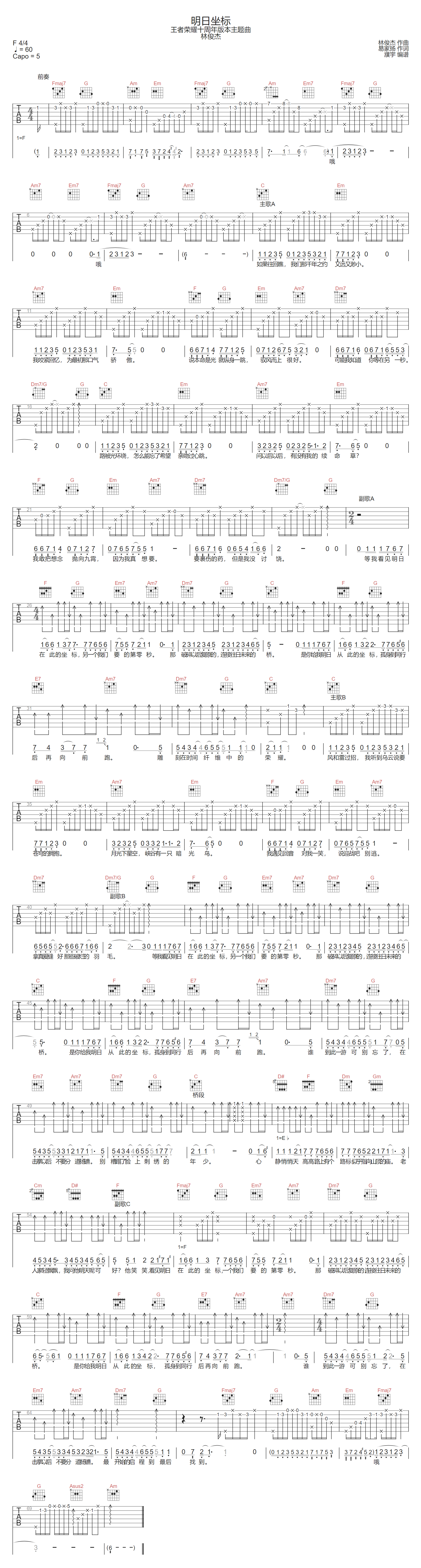明日坐标吉他谱-林俊杰