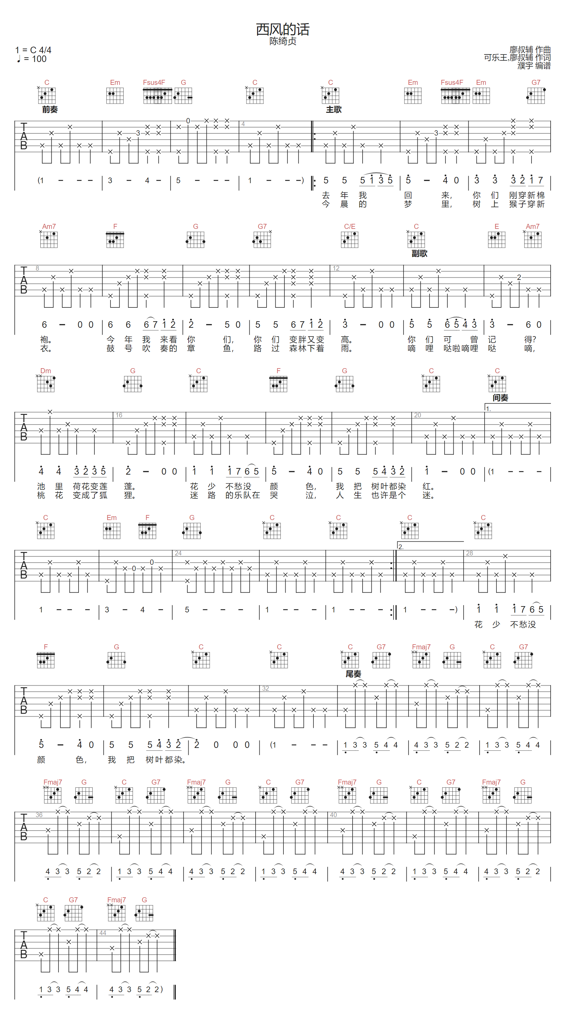 西风的话吉他谱-陈绮贞