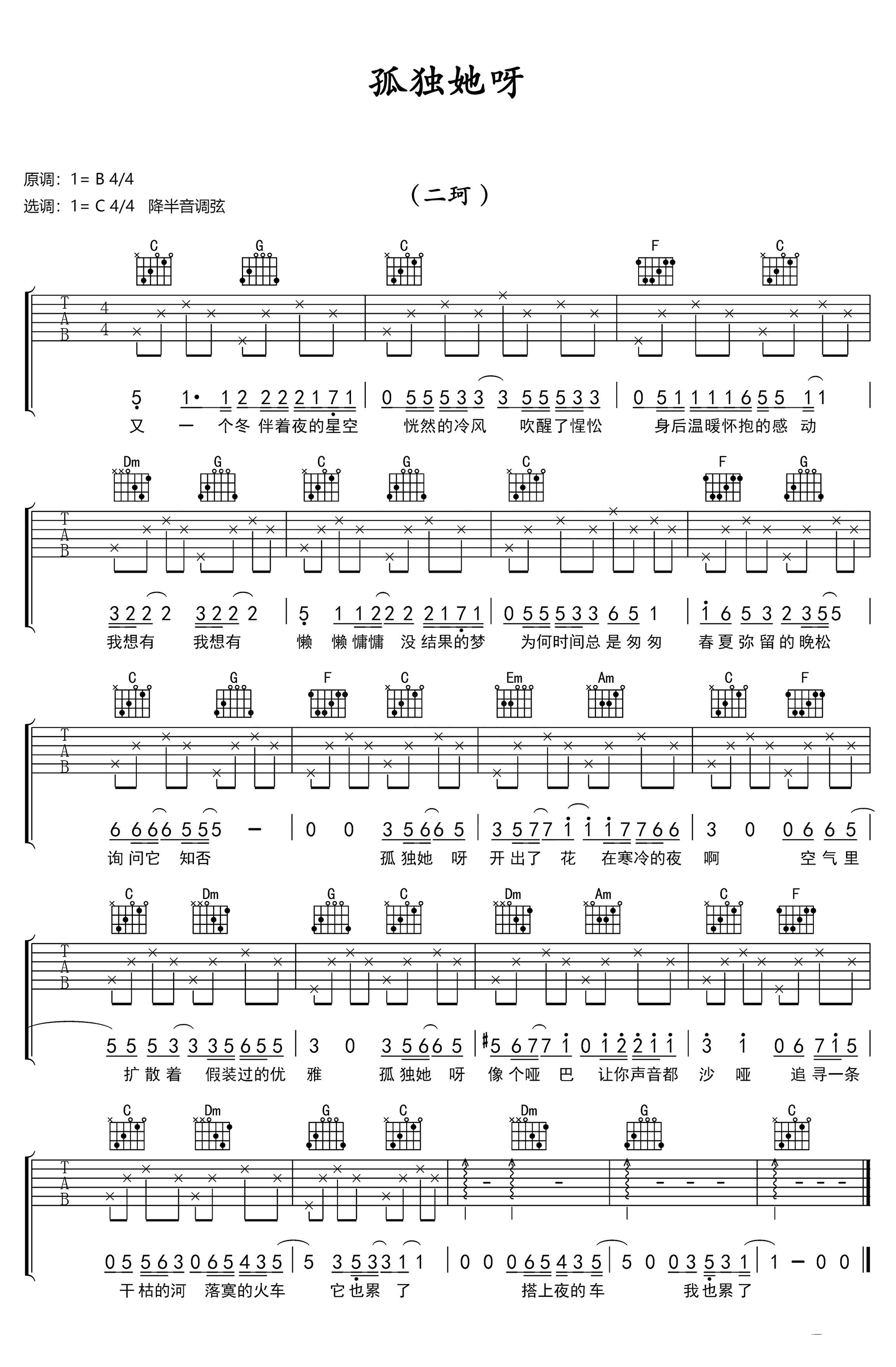 孤独她呀吉他谱-二珂