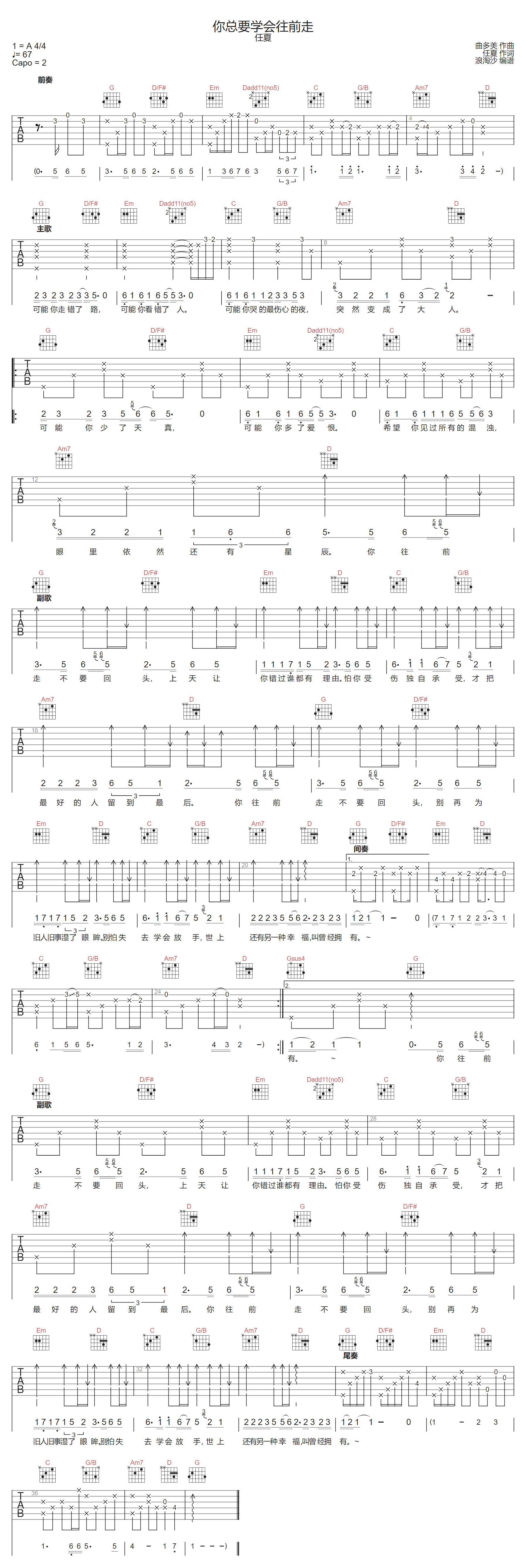 你总要学会往前走吉他谱-任夏