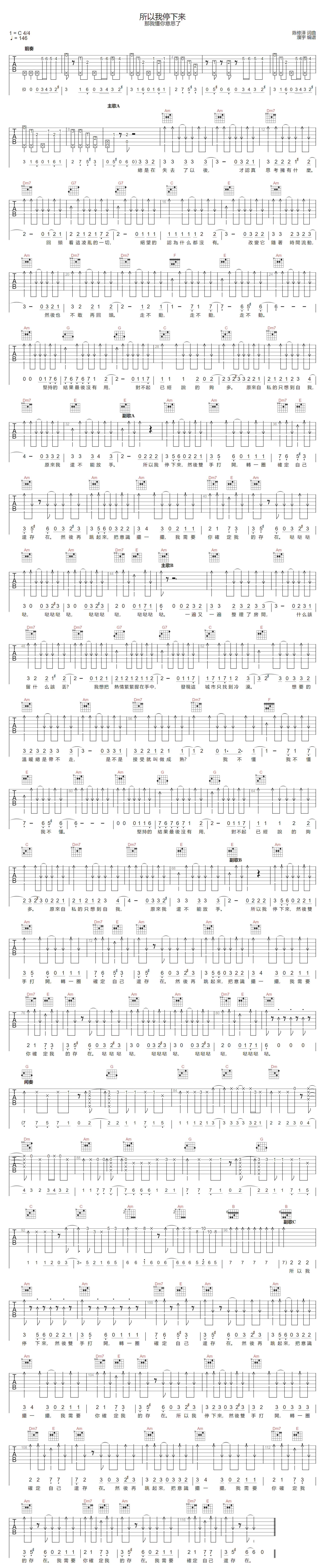 所以我停下来吉他谱-那我懂你意思了