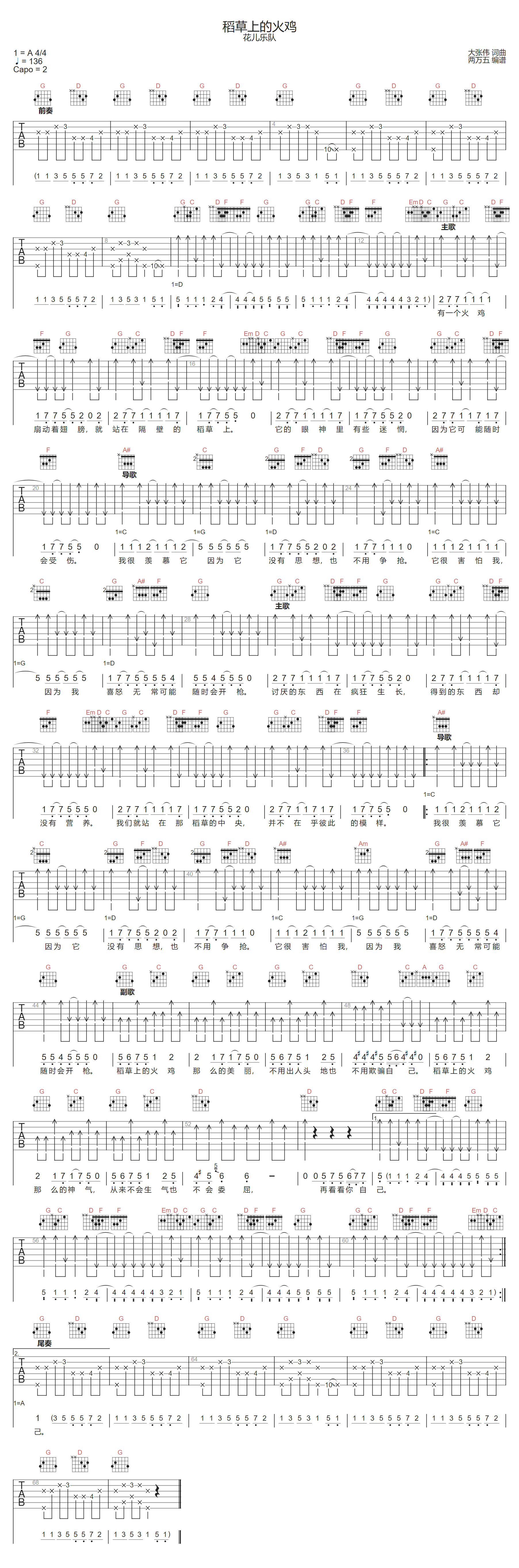 稻草上的火鸡吉他谱-花儿乐队