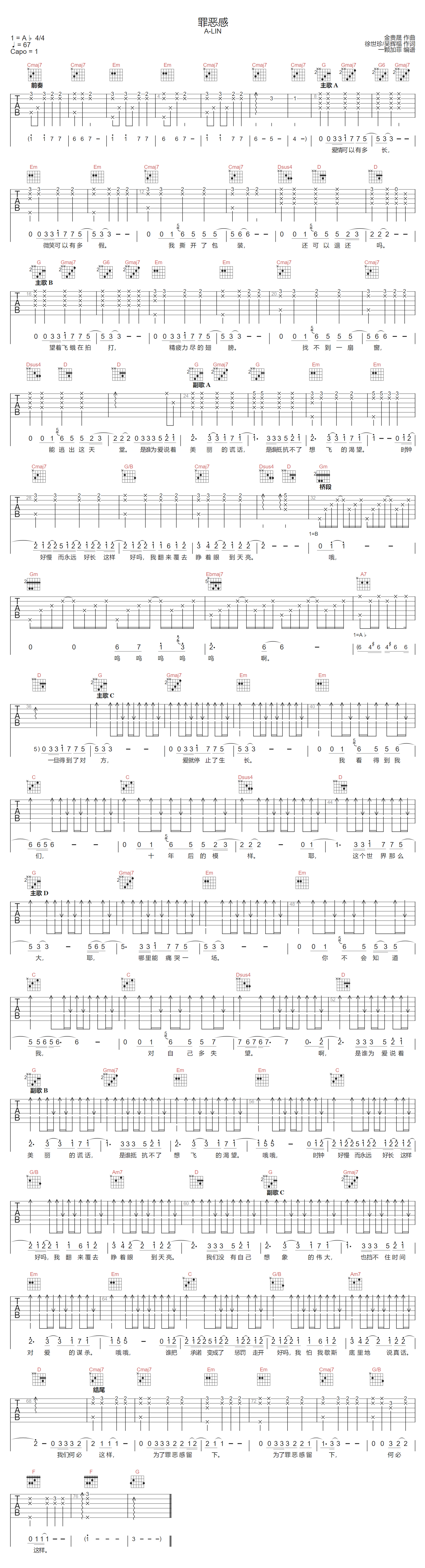 罪恶感吉他谱-黄丽玲