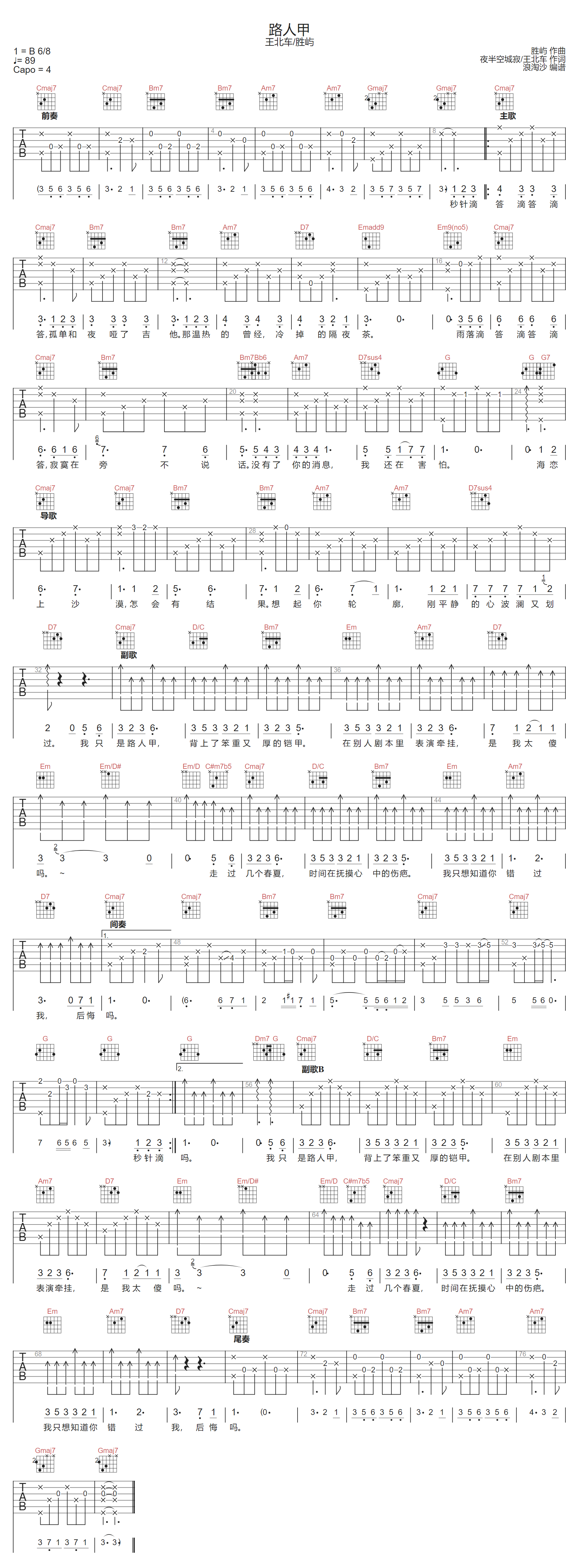 路人甲吉他谱-王北车