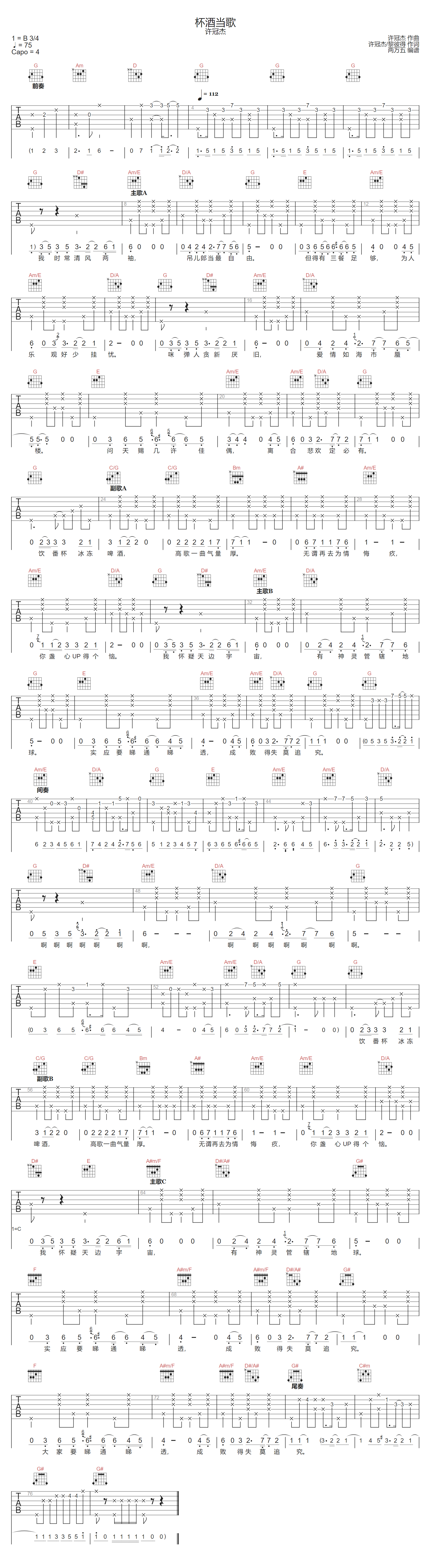 杯酒当歌吉他谱-许冠杰