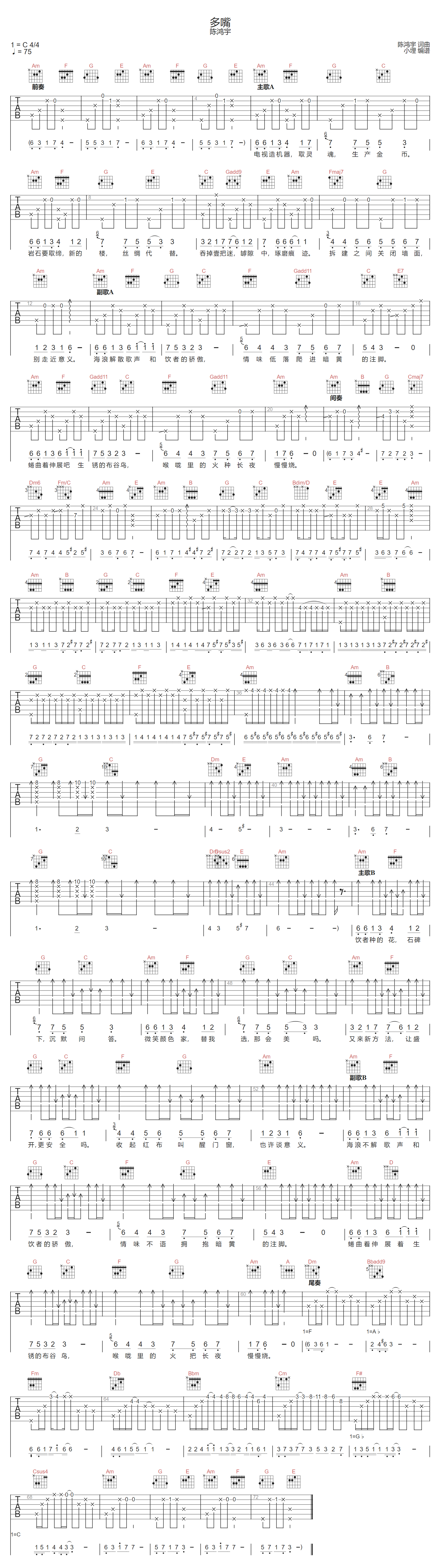多嘴吉他谱-陈鸿宇