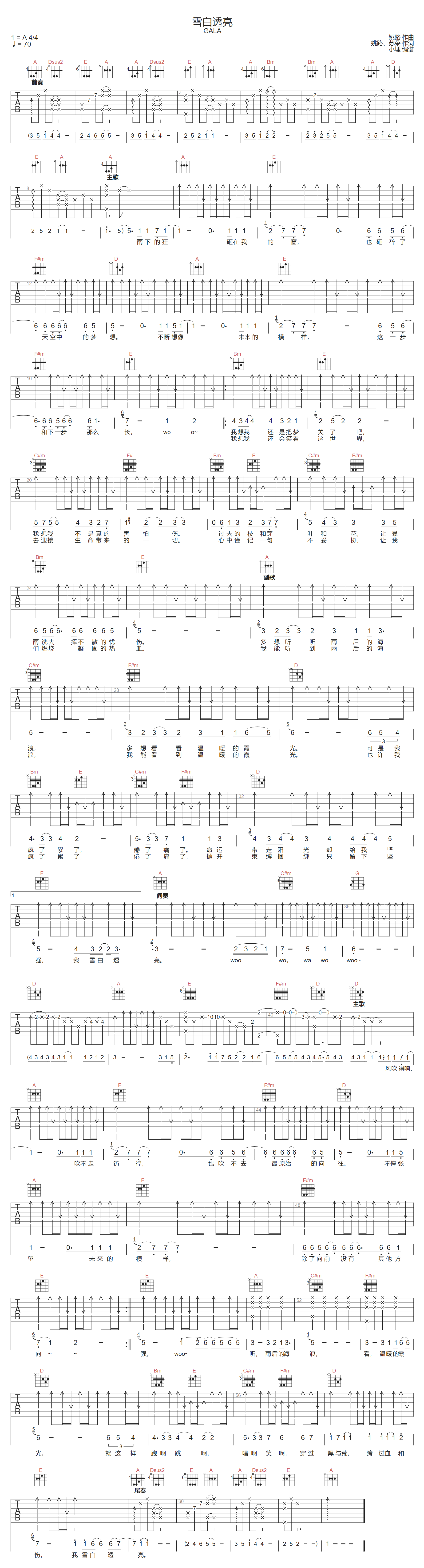 雪白透亮吉他谱-GALA