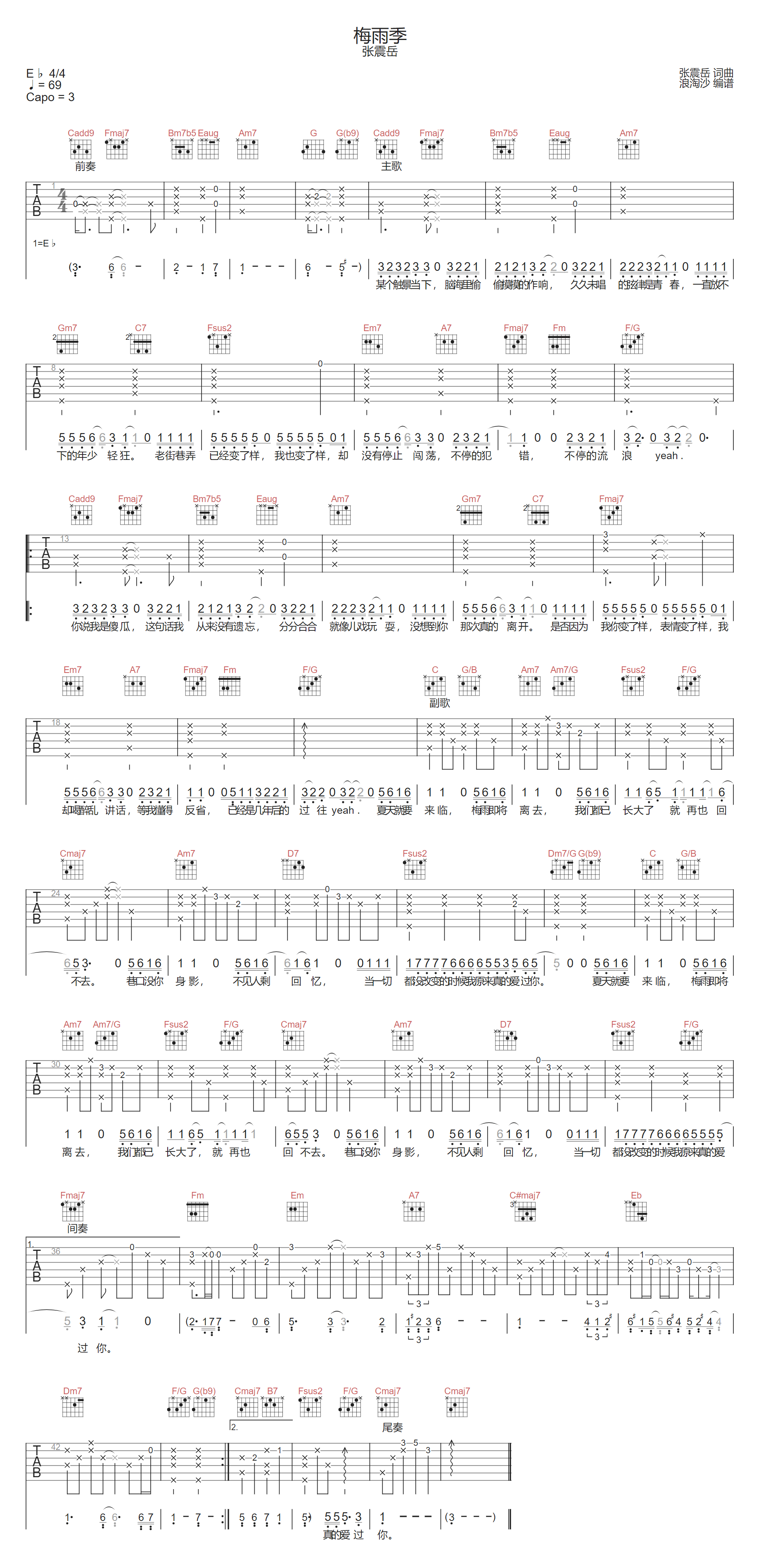 梅雨季吉他谱-张震岳