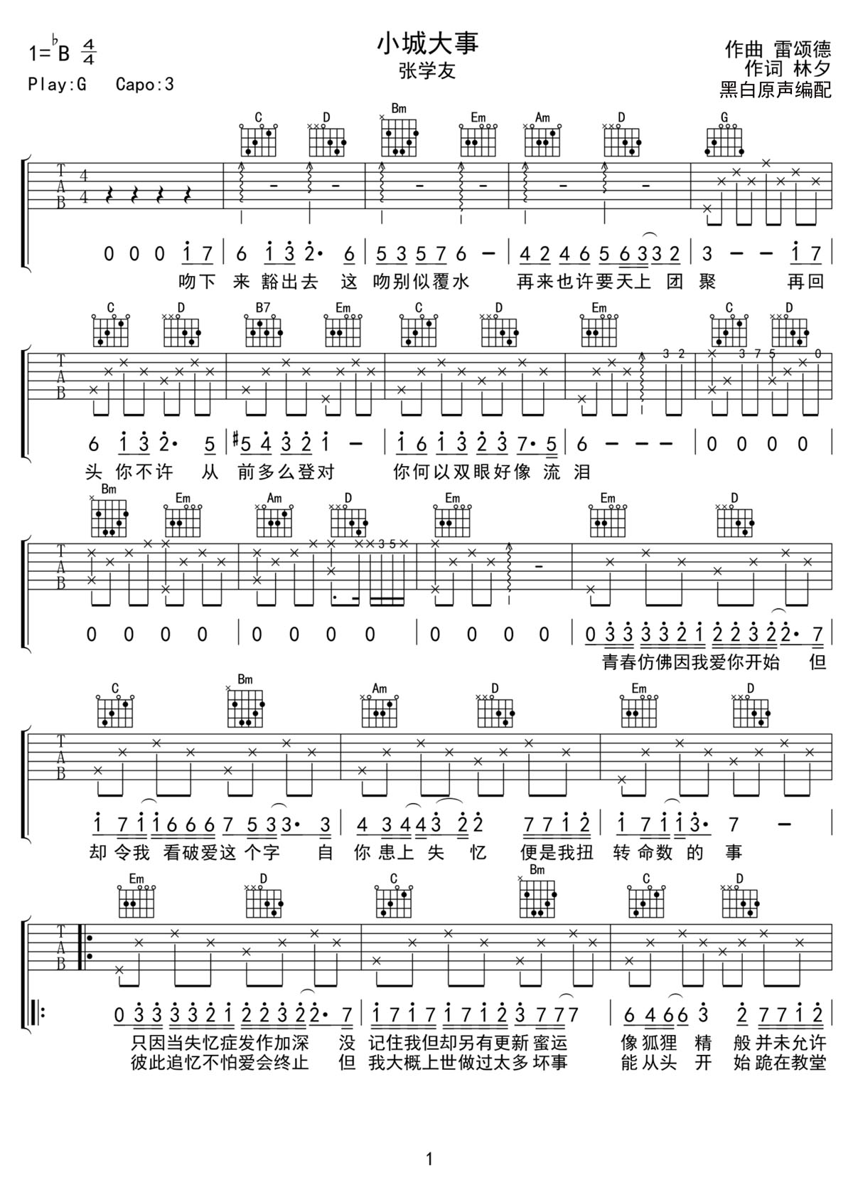 小城大事吉他谱1-张学友