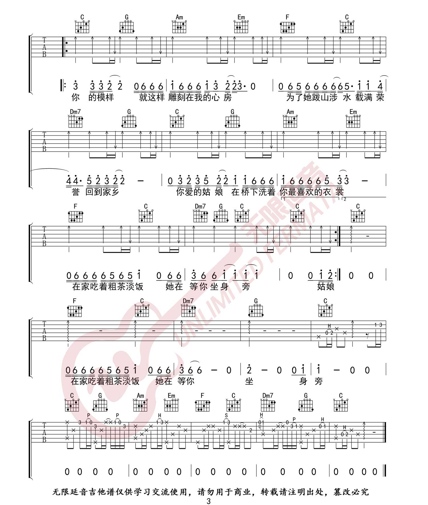 你的姑娘吉他谱3-隔壁老樊