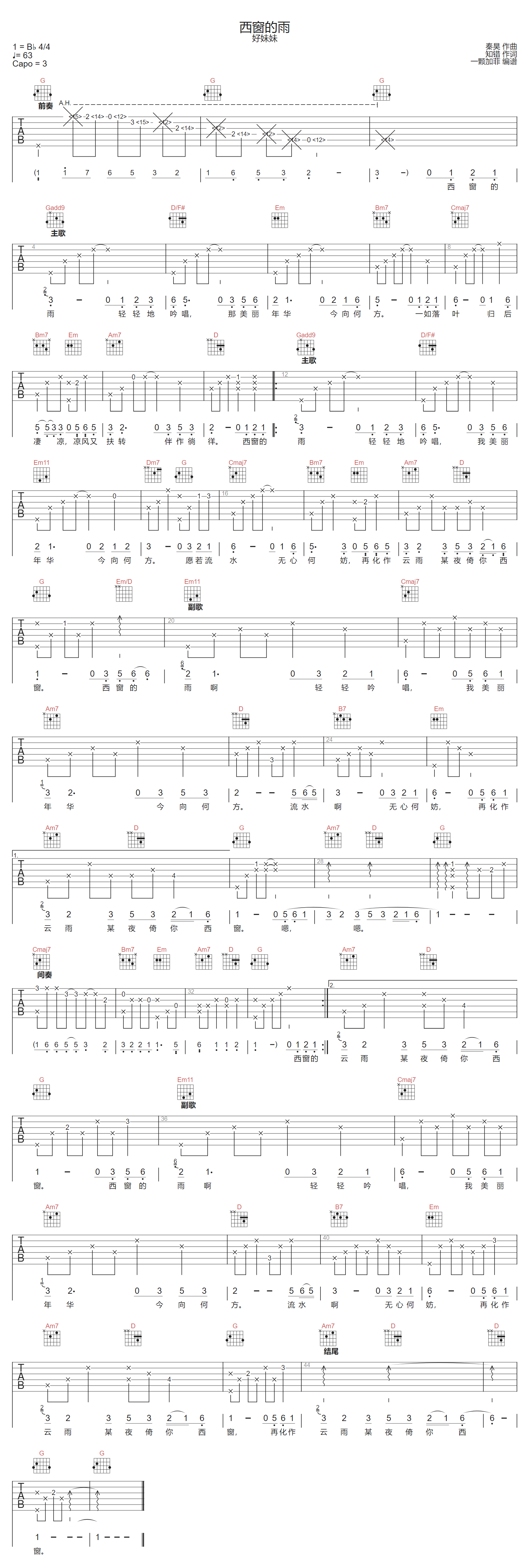 西窗的雨吉他谱-好妹妹乐队