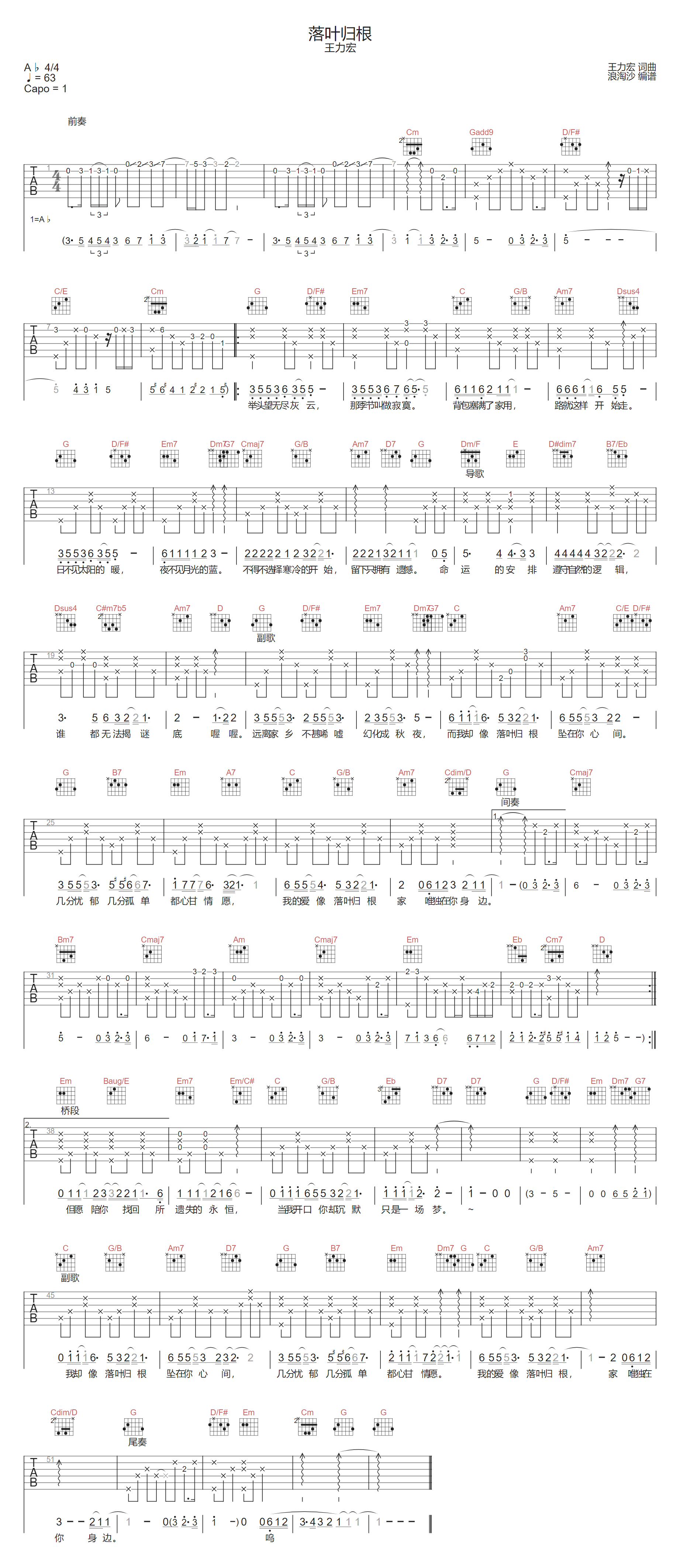 落叶归根吉他谱-王力宏