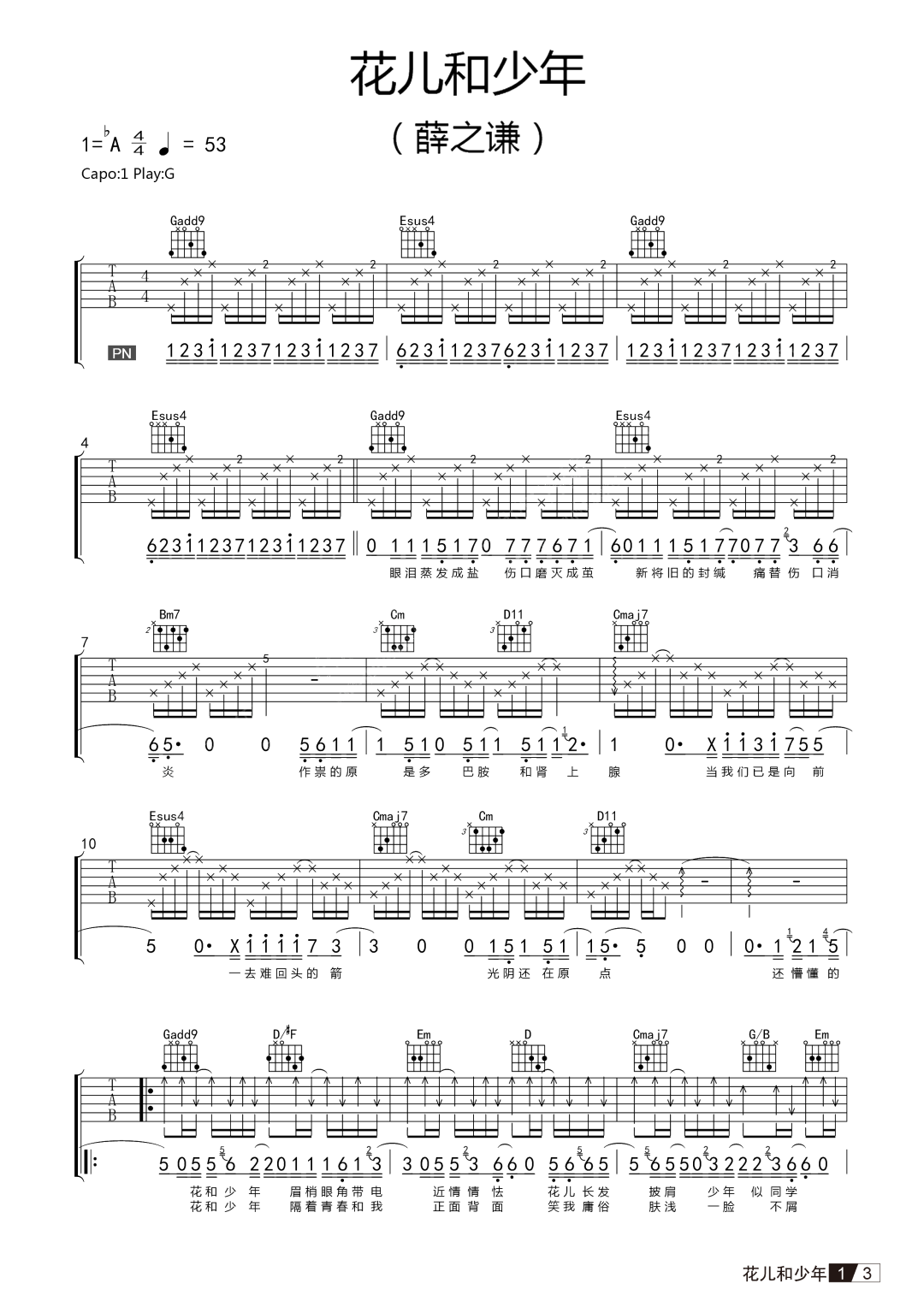 花儿和少年吉他谱1-薛之谦