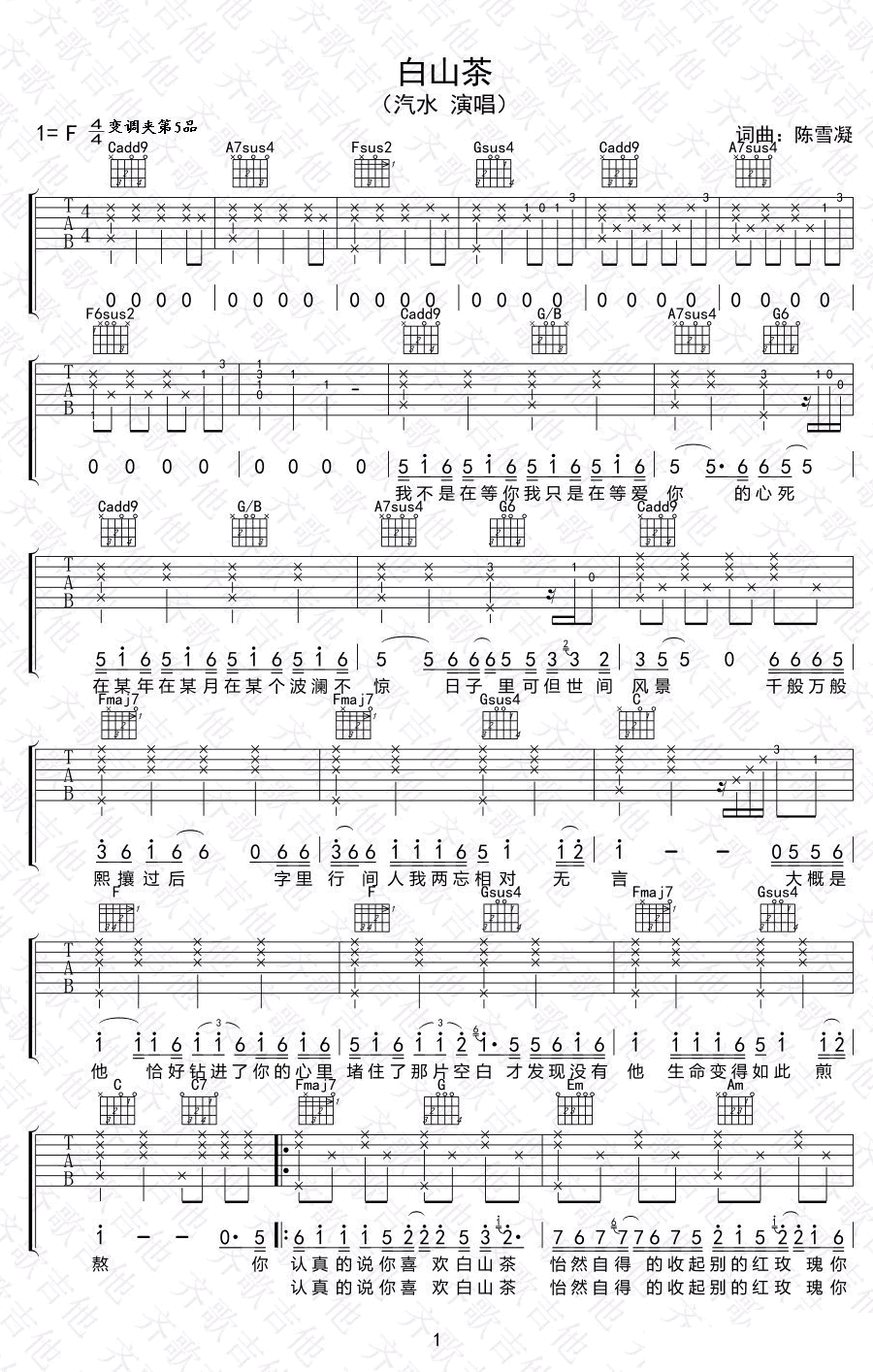 白山茶吉他谱1-陈雪凝