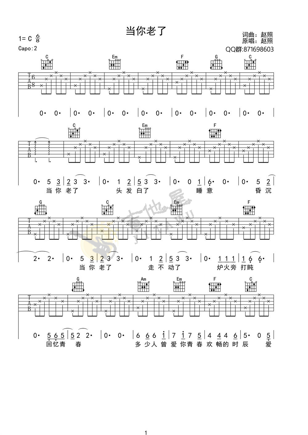 当你老了吉他谱1-赵照