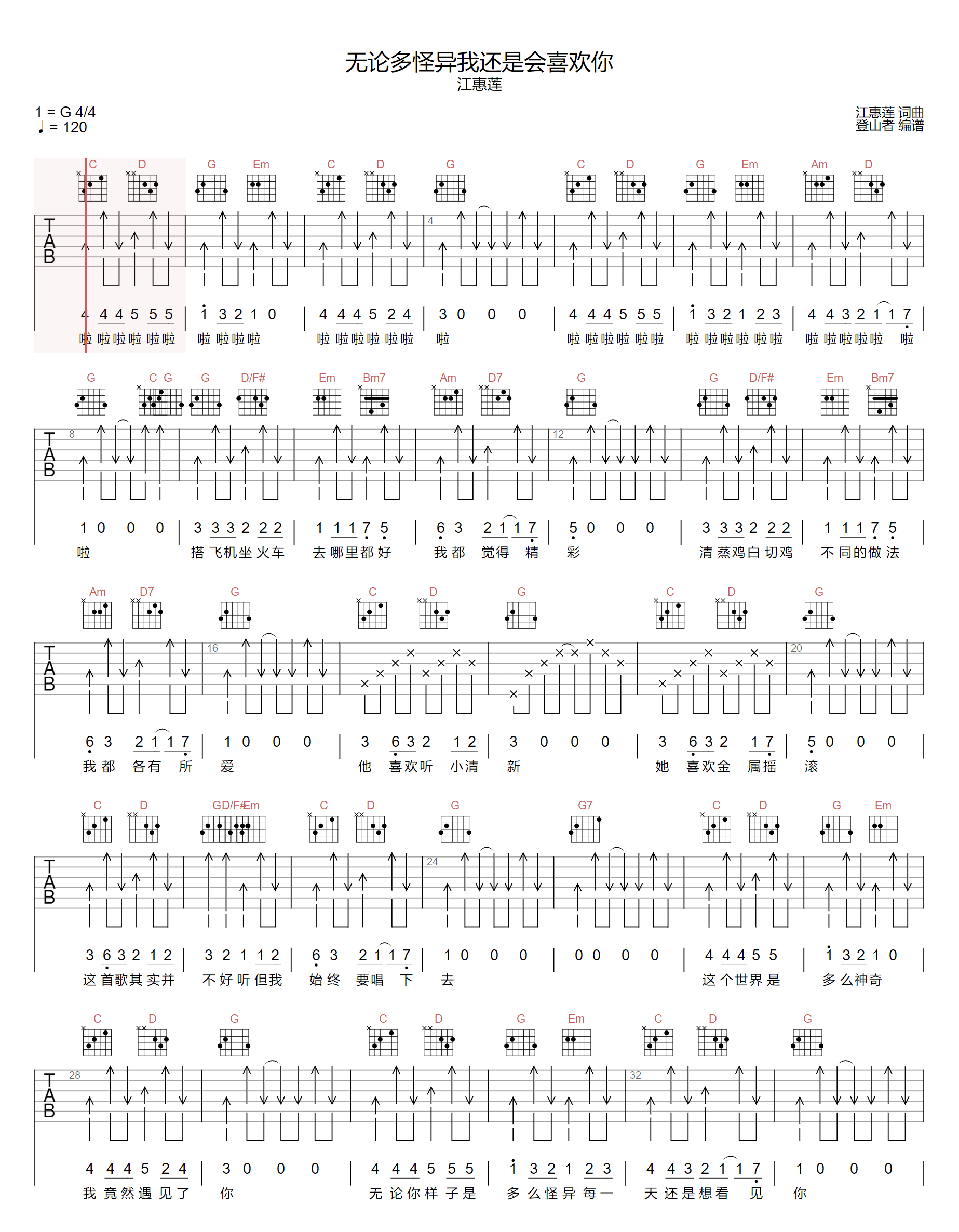 无论多怪异我还是会喜欢你吉他谱1-江惠莲