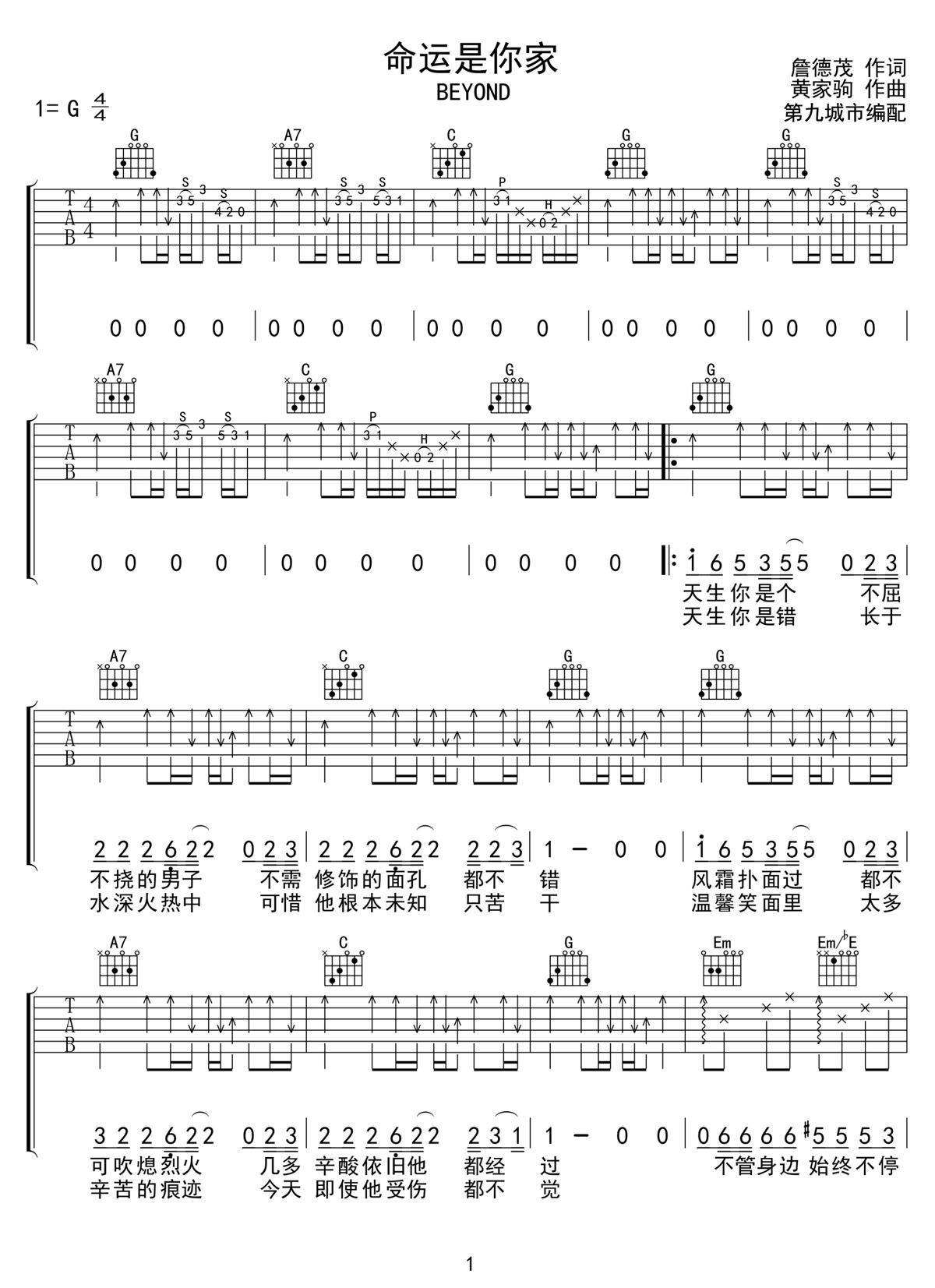 命运是你家吉他谱1-Beyond