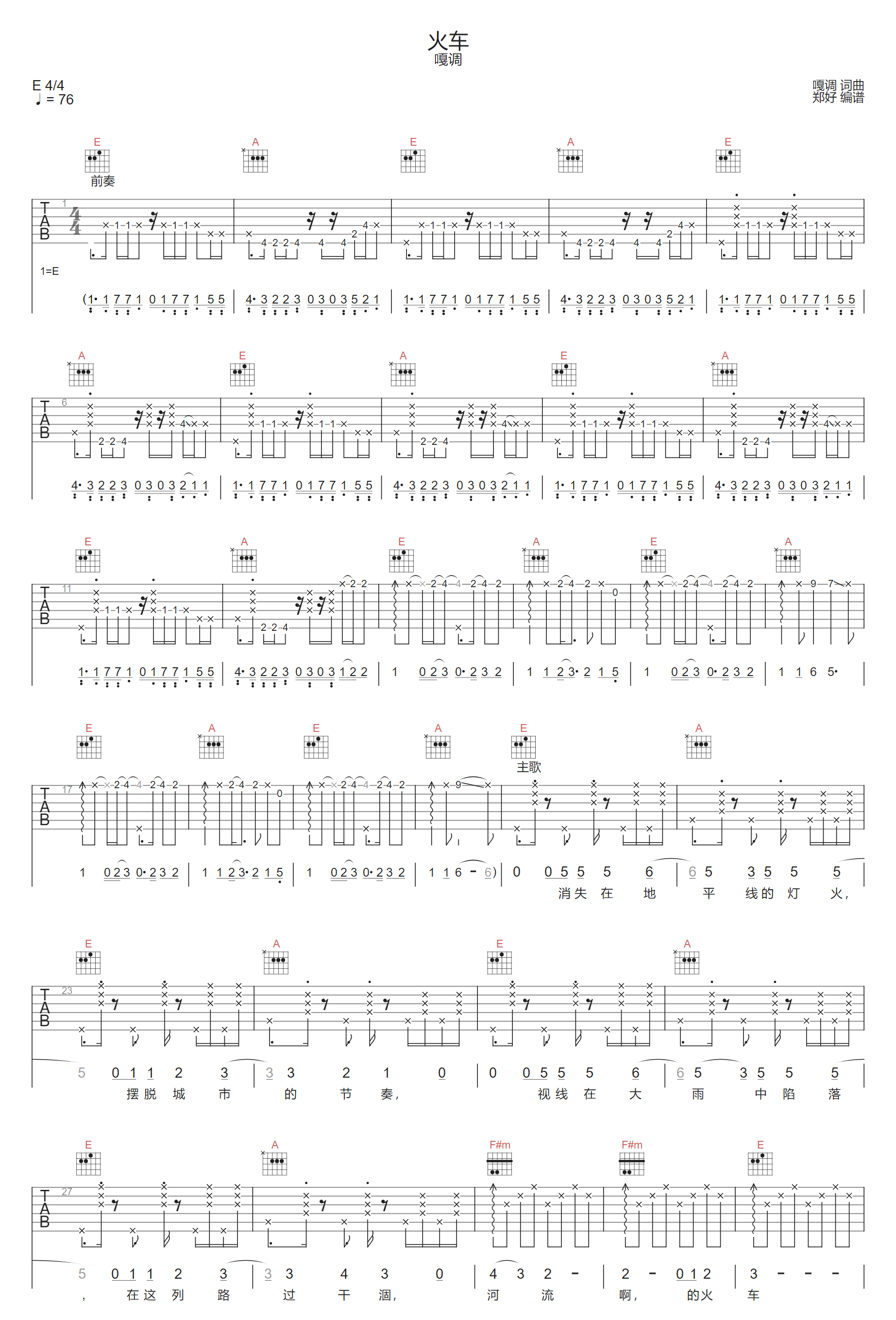 火车吉他谱1-嘎调乐队
