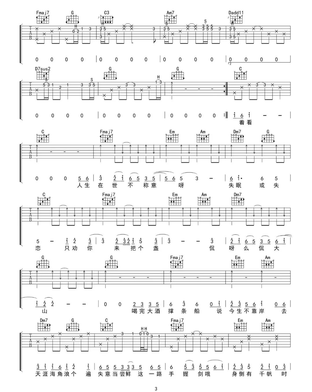 人间不值得吉他谱3-黄诗扶