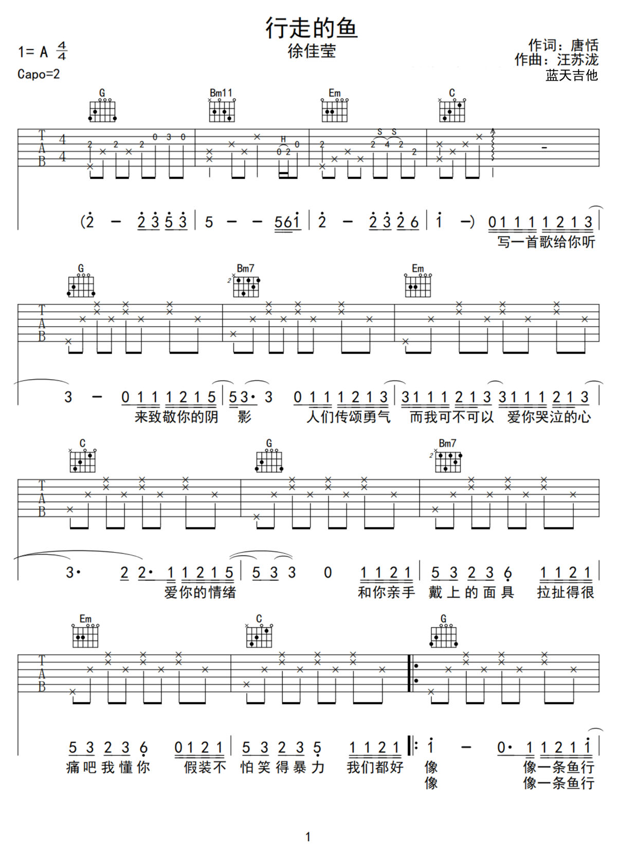 行走的鱼吉他谱1-徐佳莹
