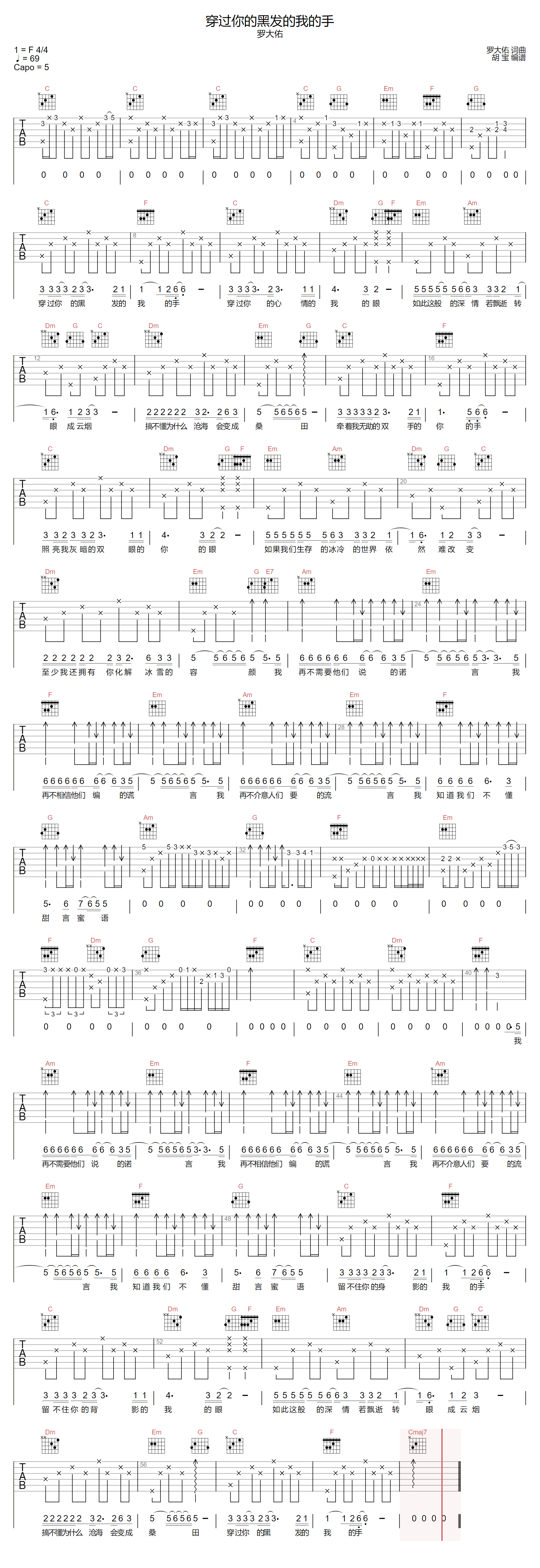 穿过你的黑发的我的手吉他谱-张学友