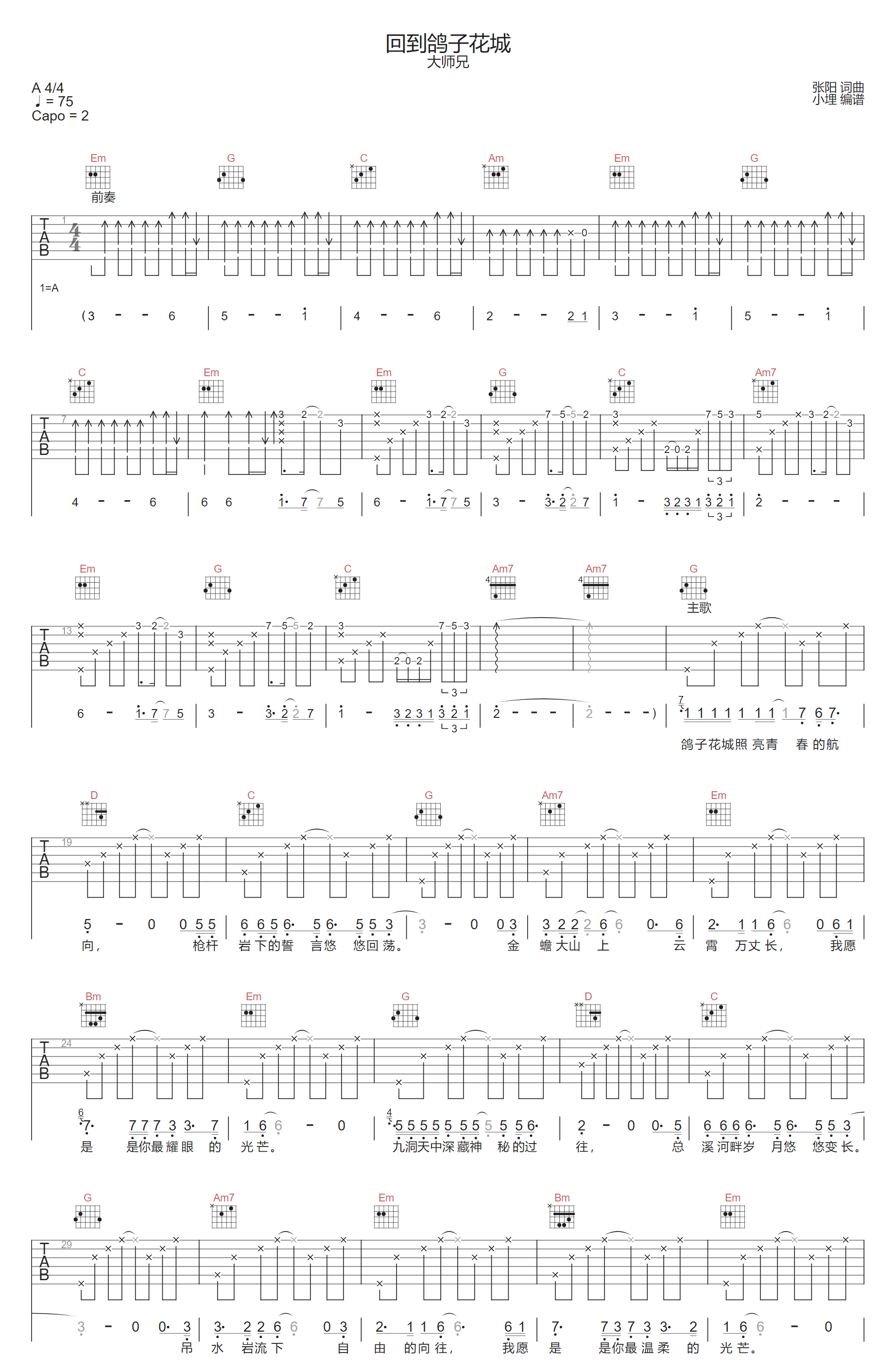 回到鸽子花城吉他谱1-大师兄乐队