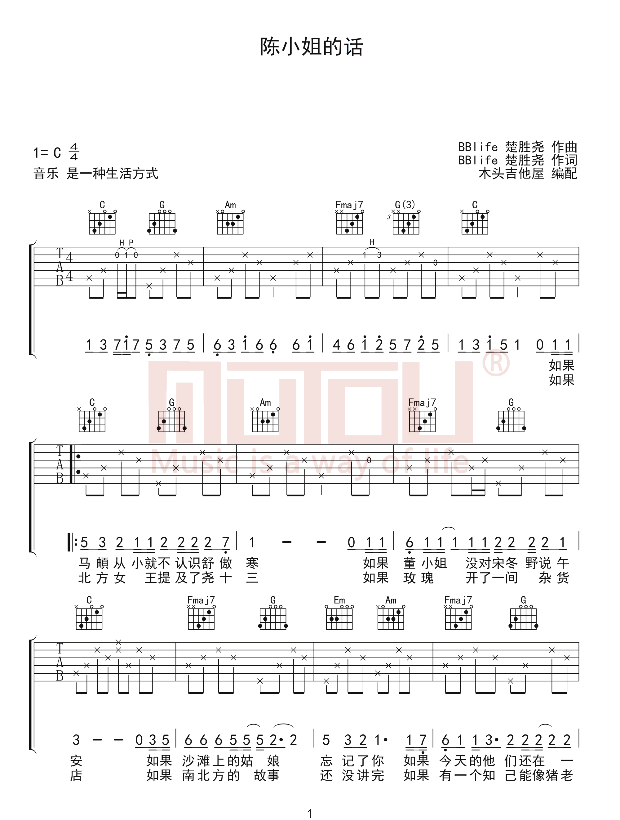 陈小姐的话吉他谱1-楚胜尧