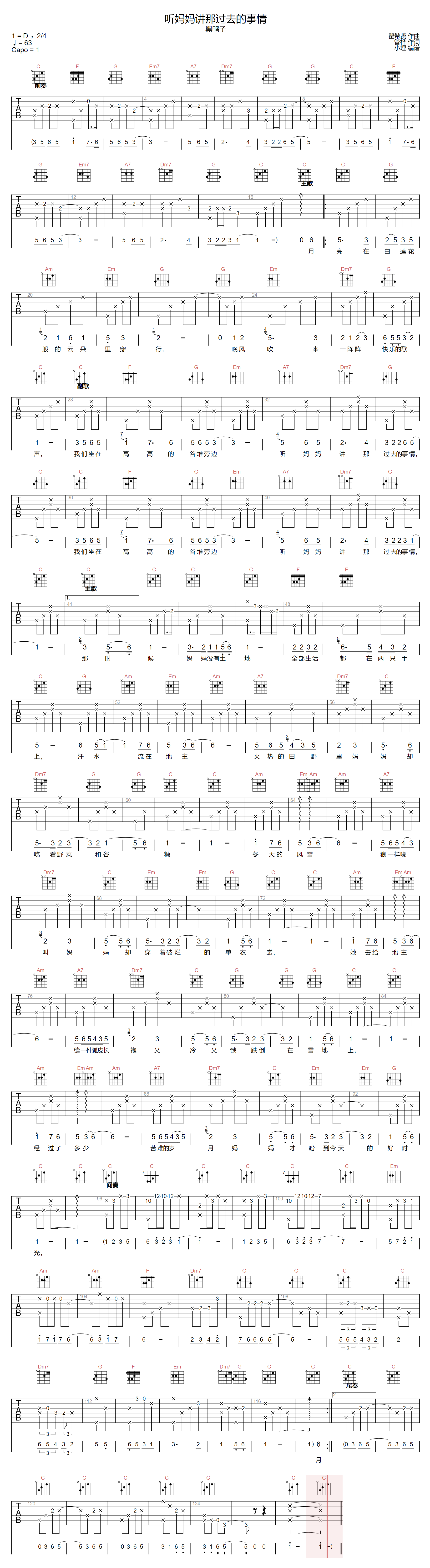 听妈妈讲那过去的事情吉他谱-黑鸭子